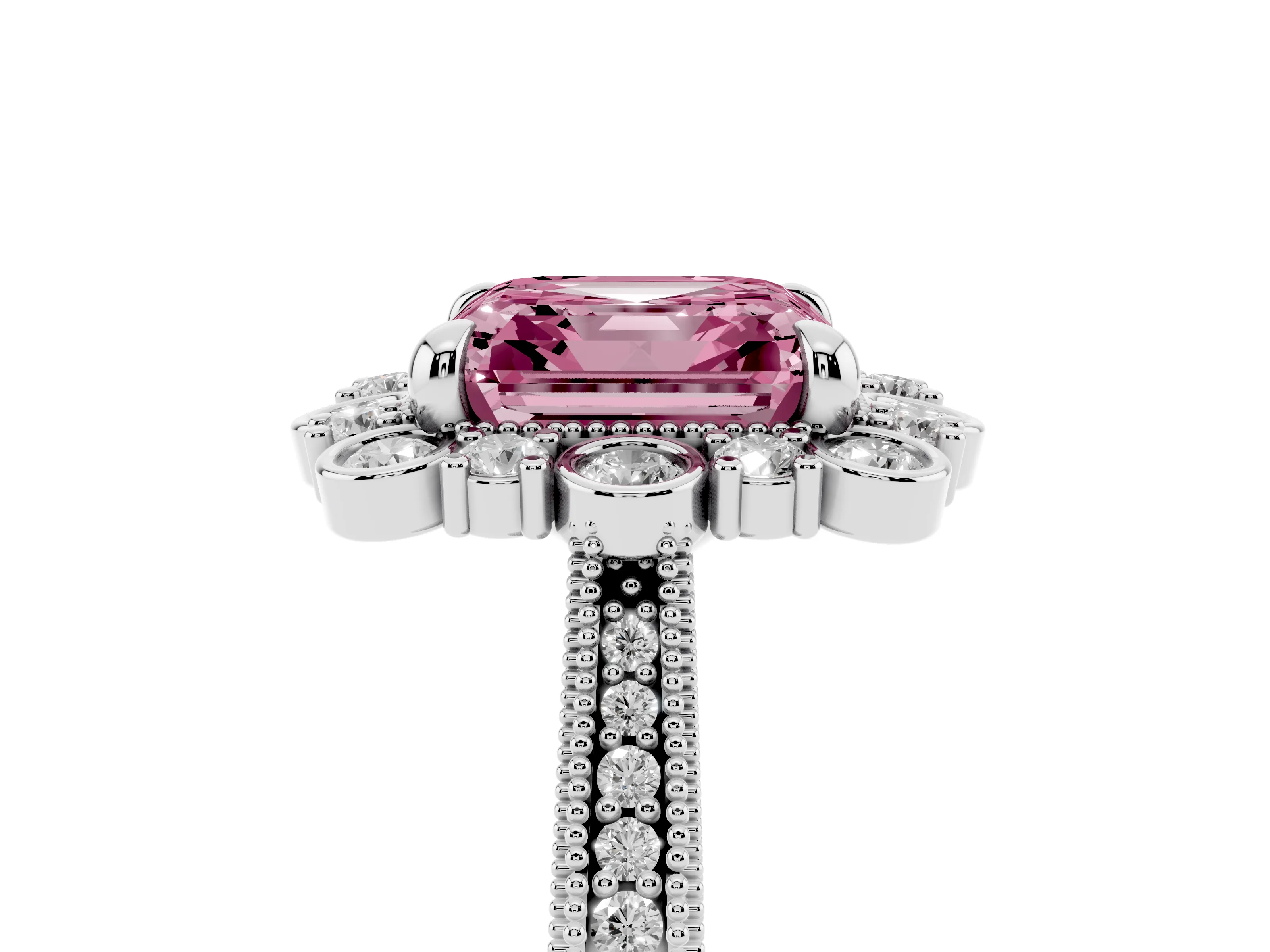 Fancy Pink Asscher Cut Diamond Halo Milgrain Pavé Ring Set in Platinum with Prong Setting