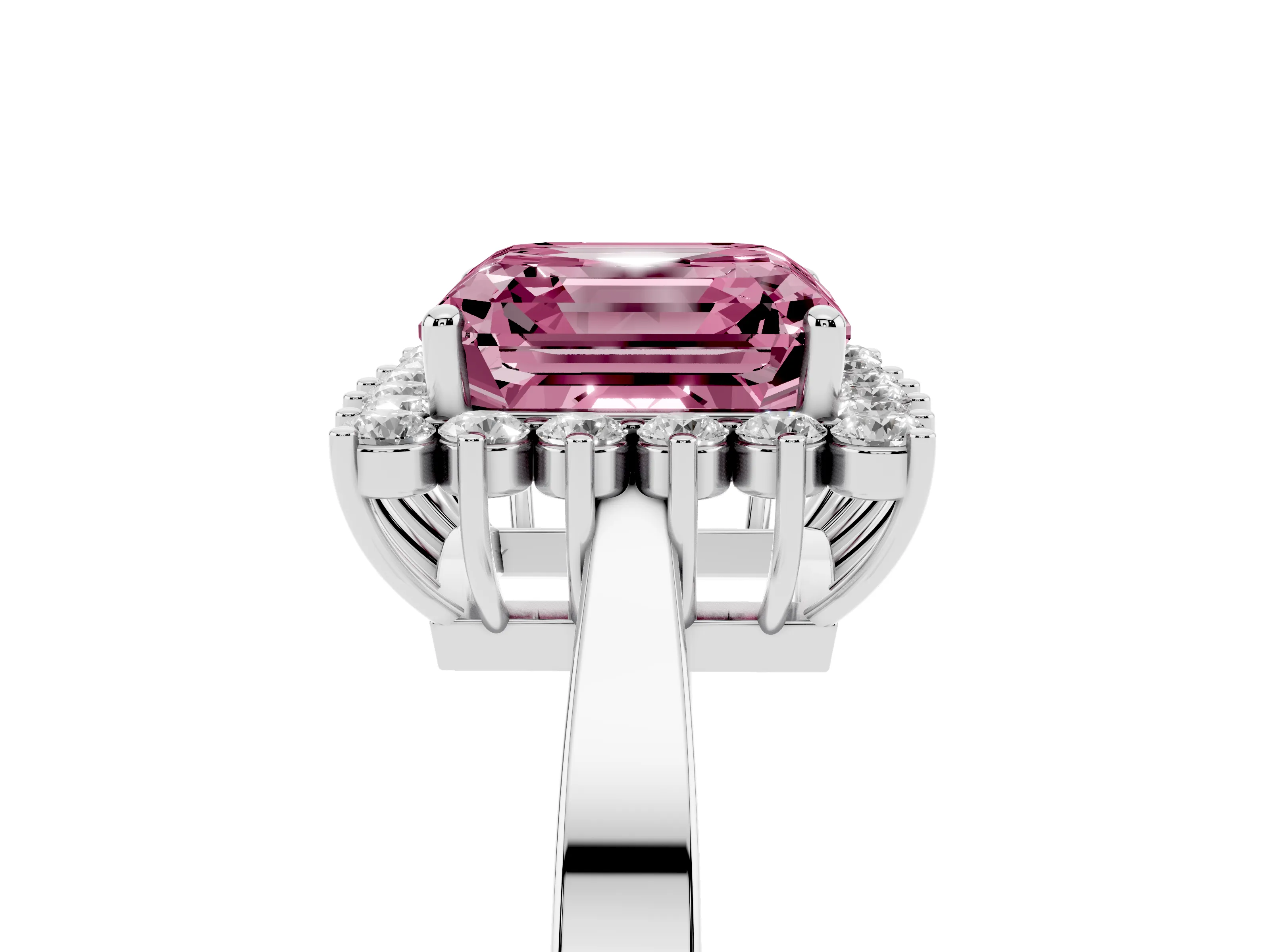 Fancy Pink Asscher Cut Diamond Halo Ring Set in White gold with Round Halo and Smooth Solitaire Band