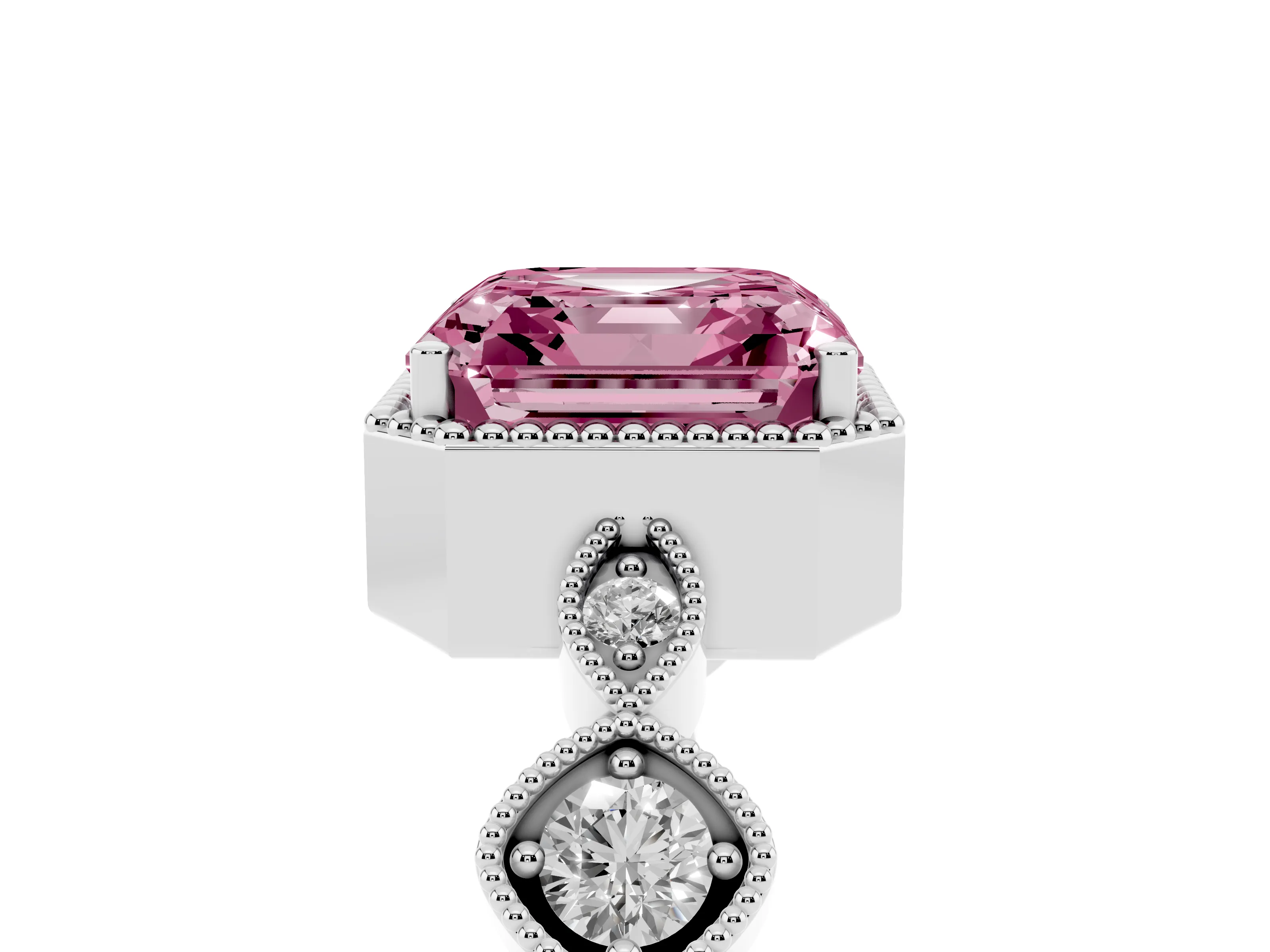 Fancy Pink Asscher Cut Diamond Vintage-Inspired Milgrain Ring Set in Platinum with Marquise Stations of Round Accents