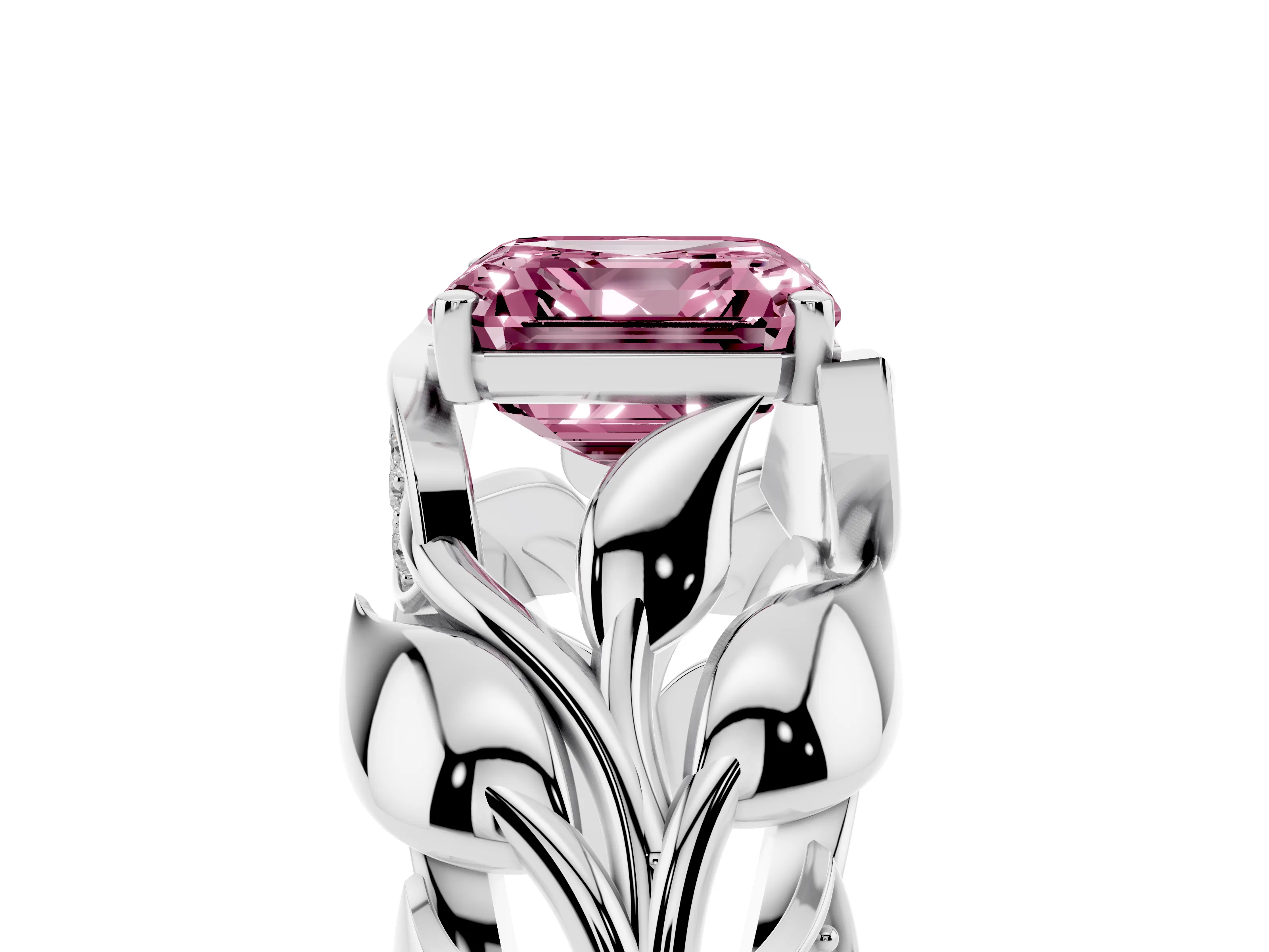 Fancy Pink Asscher Cut Diamond Leaf-Inspired Engagement Ring Set in Silver with Round Accents