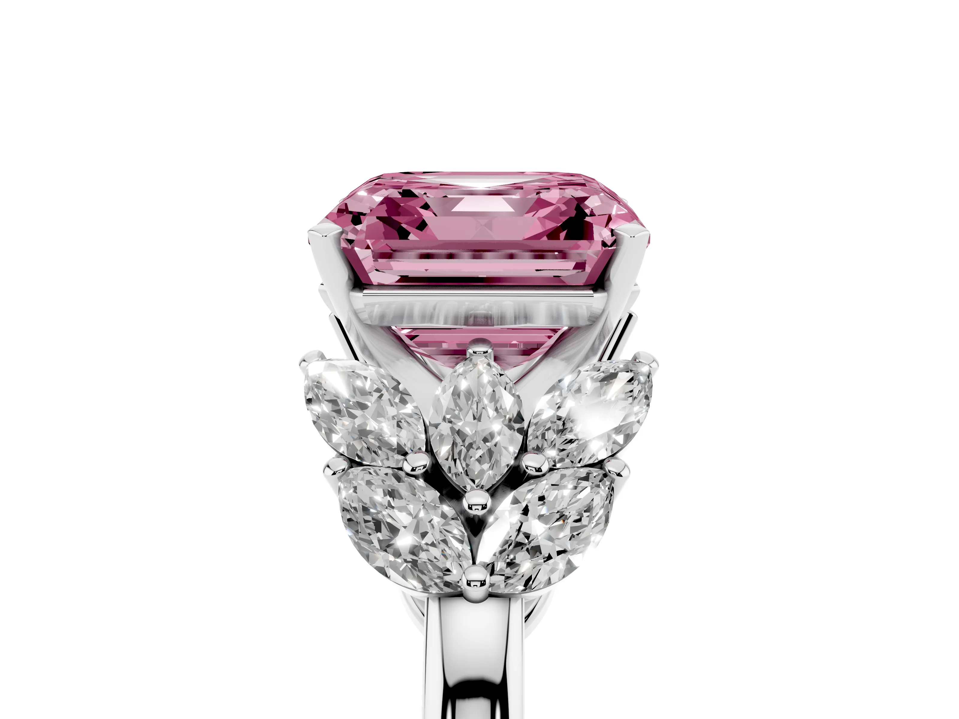 Fancy Pink Asscher Cut Diamond Cluster Leaf Design Ring Set in White gold with Prong Setting