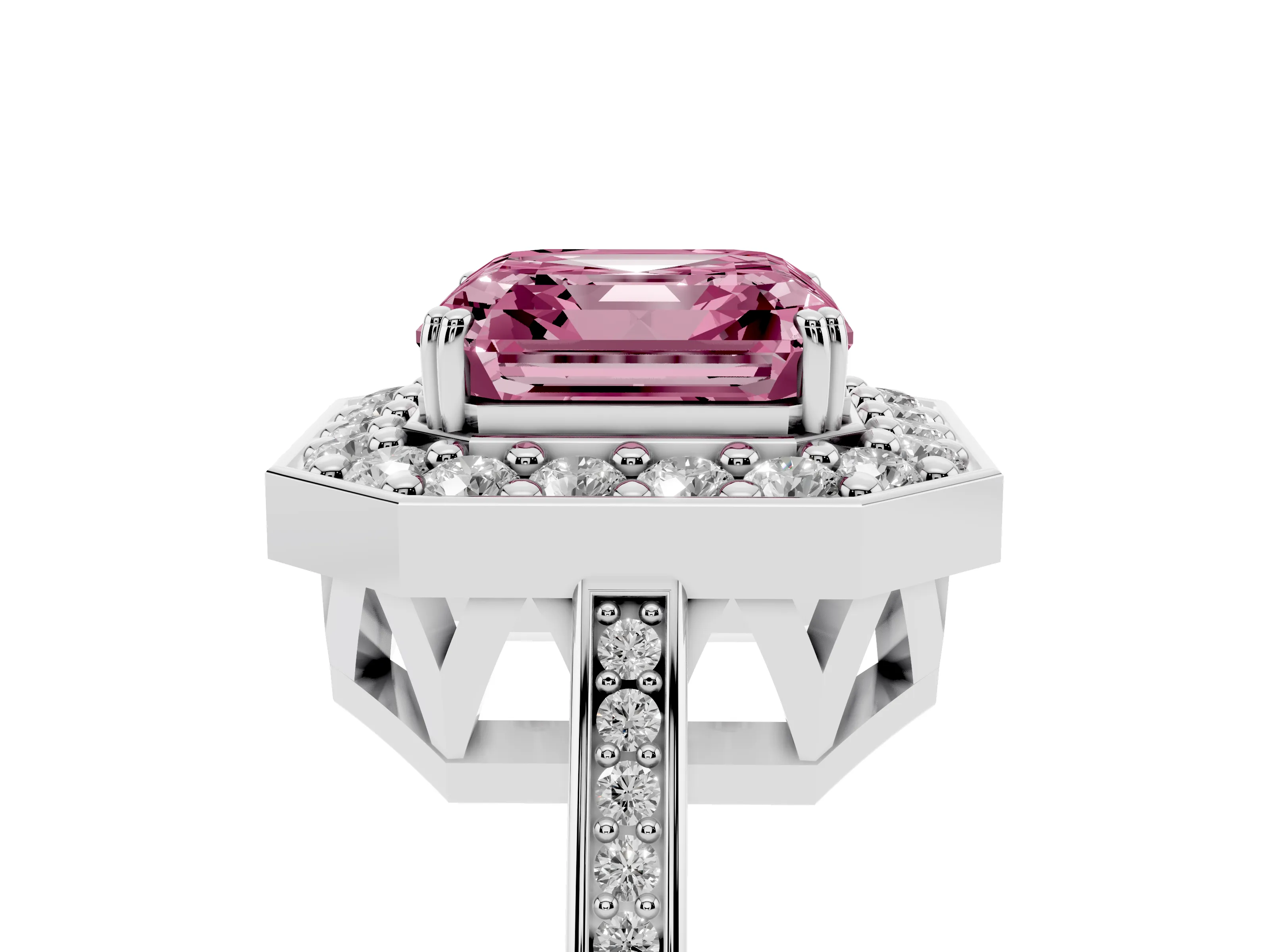 Fancy Pink Asscher Cut Diamond Halo Ring Set in Silver with Accent-Lined Split Shank and Prong Setting