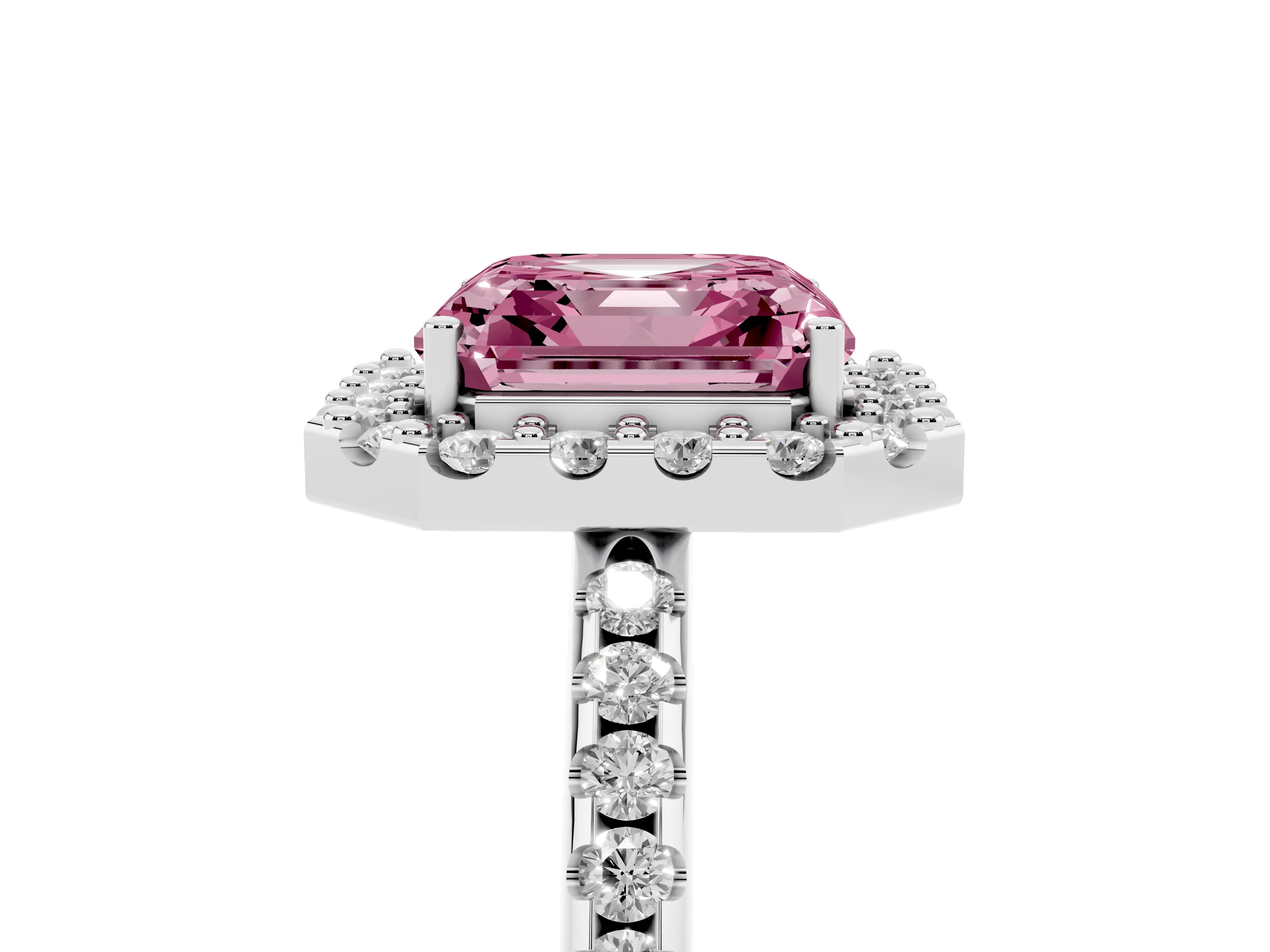 Fancy Pink Asscher Cut Diamond Pavé Halo Ring Set in Platinum with Prong Setting