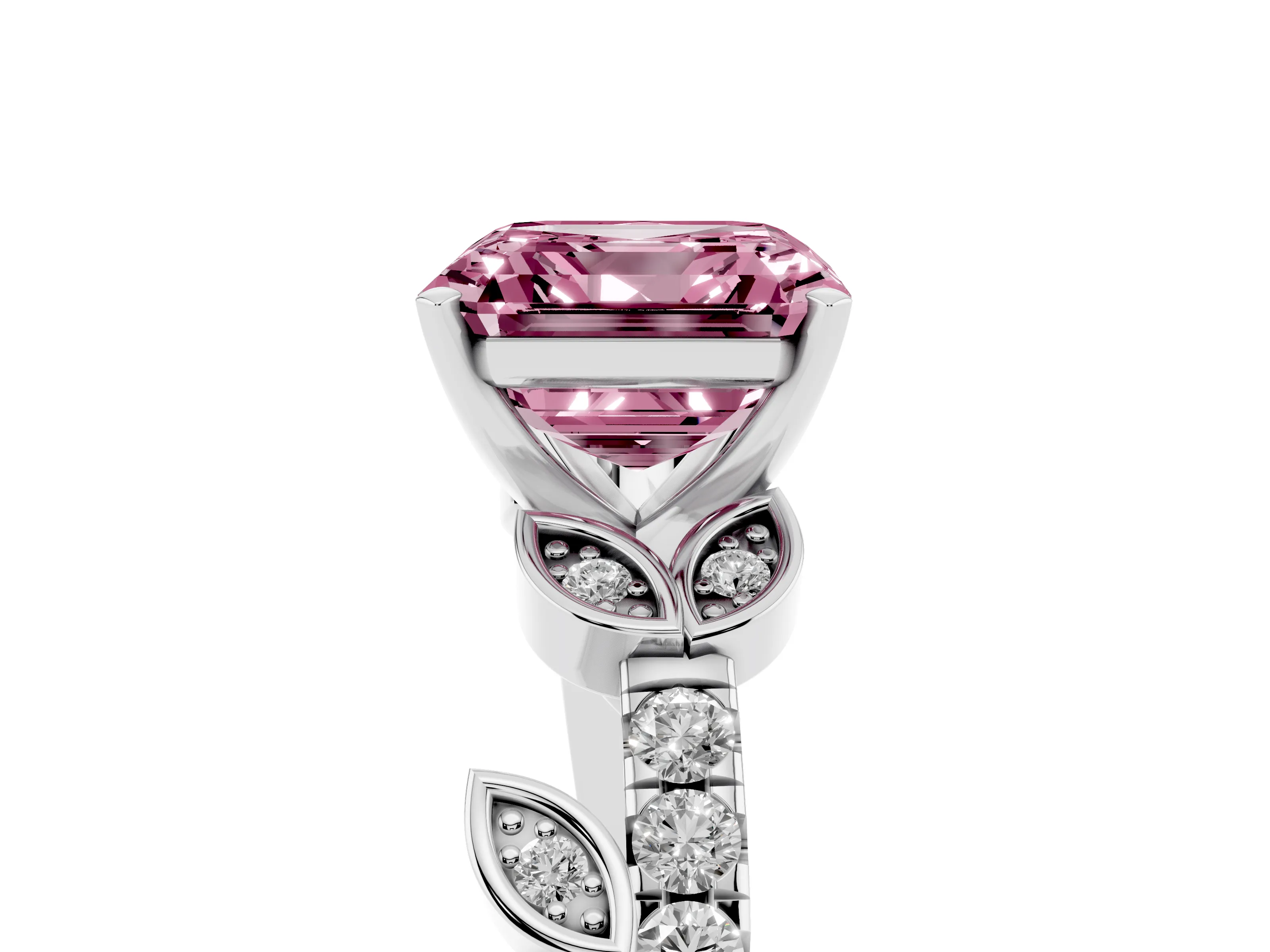 Fancy Pink Asscher Cut Diamond Solitaire Leaf-Inspired Ring Set in Silver with Pavé Band and Prong Setting