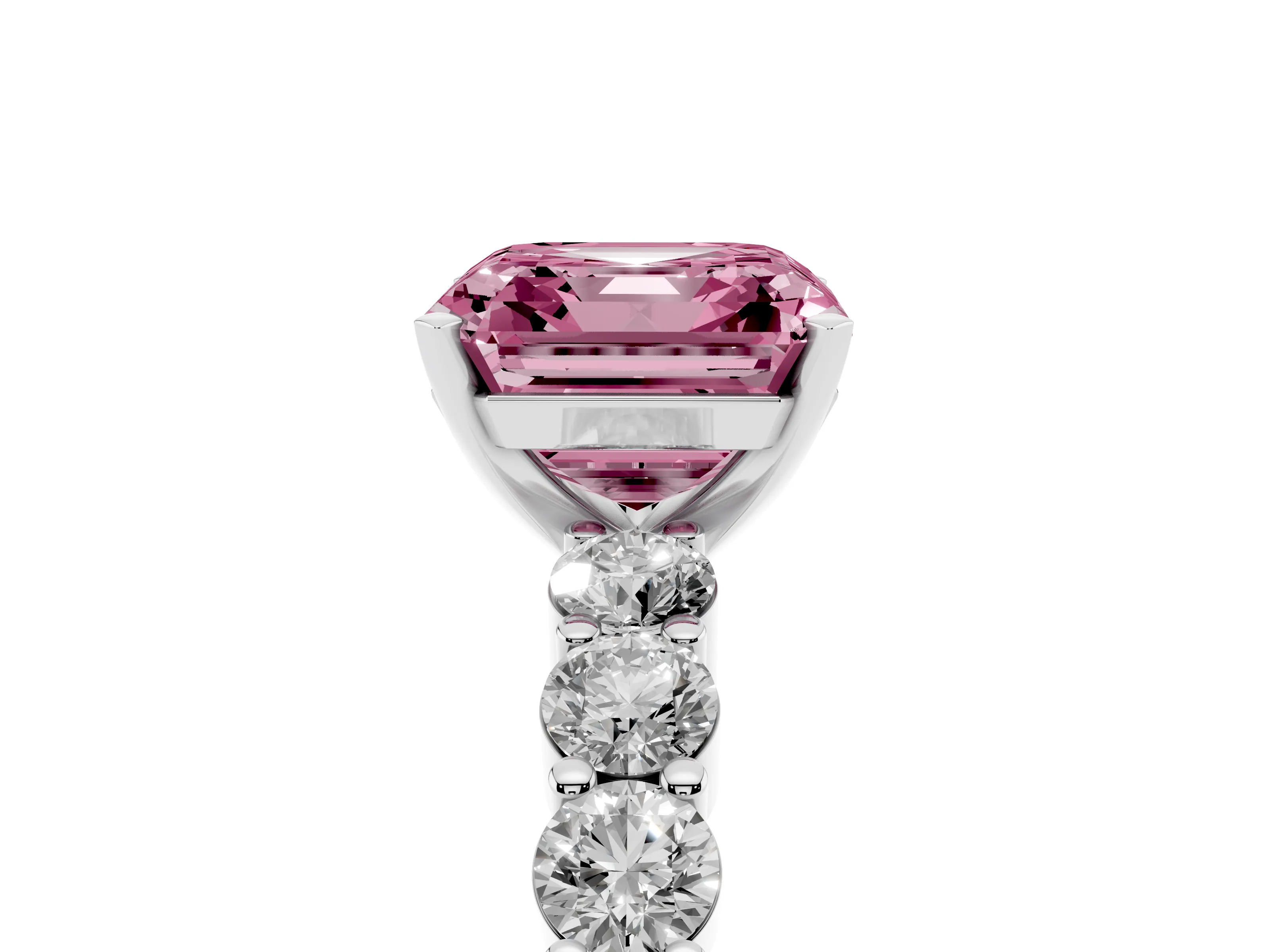 Fancy Pink Asscher Cut Diamond Solitaire Ring Set in White gold with Shared Prong Round Side Stones