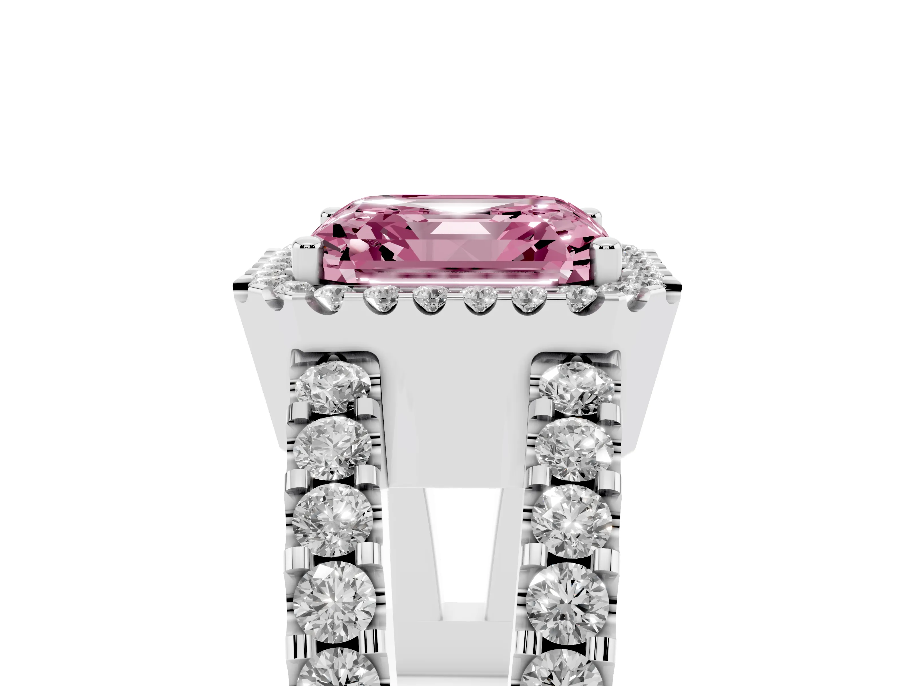 Fancy Pink Asscher Cut Diamond Halo Ring Set in Silver with Pavé Split Shank and Prong Setting