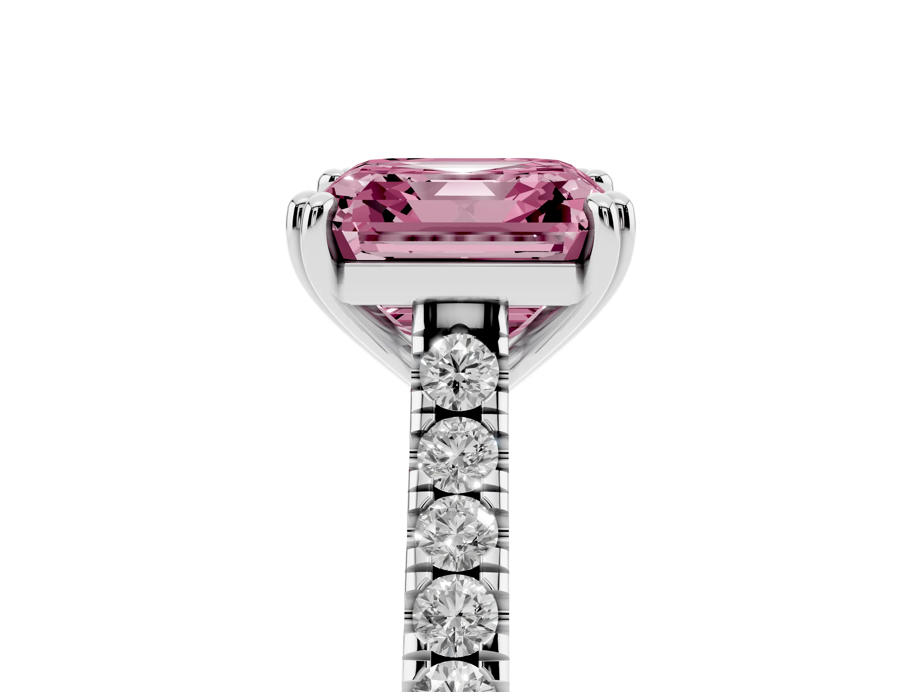 Fancy Pink Asscher Cut Diamond Solitaire Engagement Ring Set in Platinum with Pavé Accents and Prong Setting