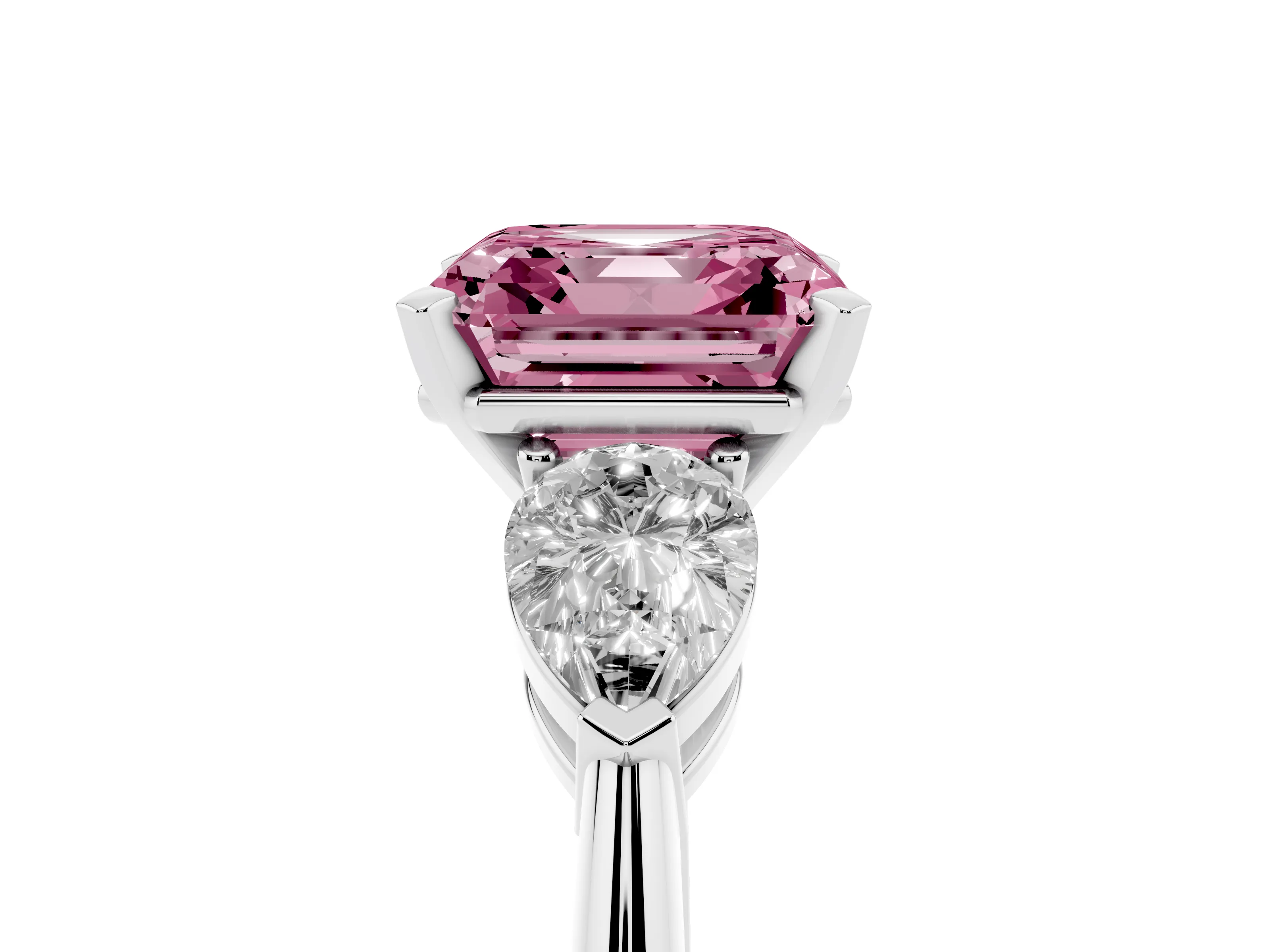 Fancy Pink Three-Stone Asscher Cut Diamond Ring Set in Silver with Pear Side Stones and Prong Setting