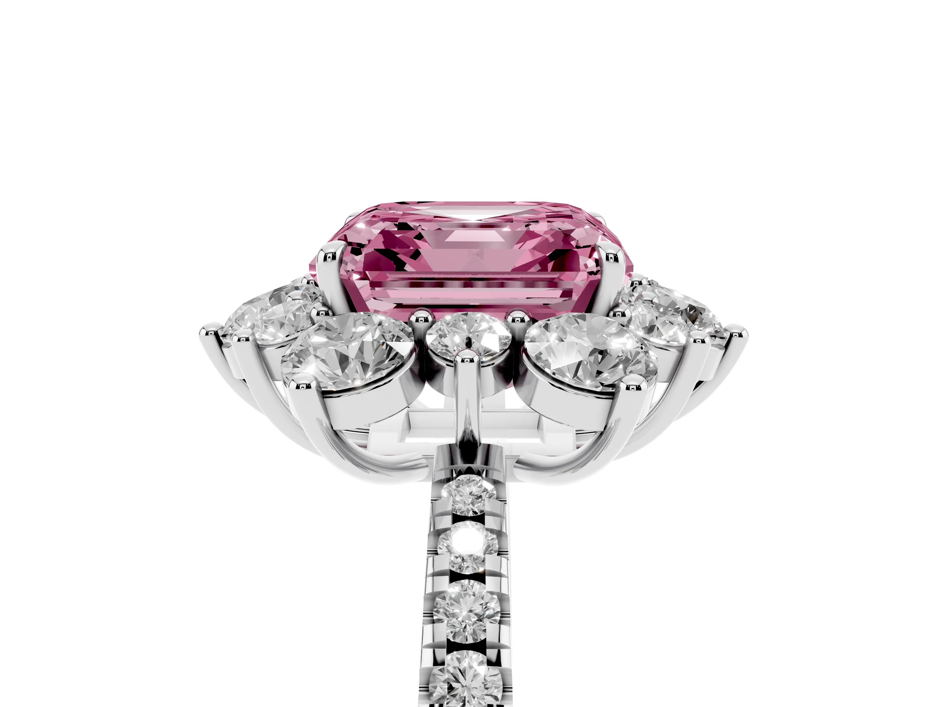 Fancy Pink Asscher Cut Diamond Floral Halo Ring Set in White gold with Round Pavé Band and Prong Setting