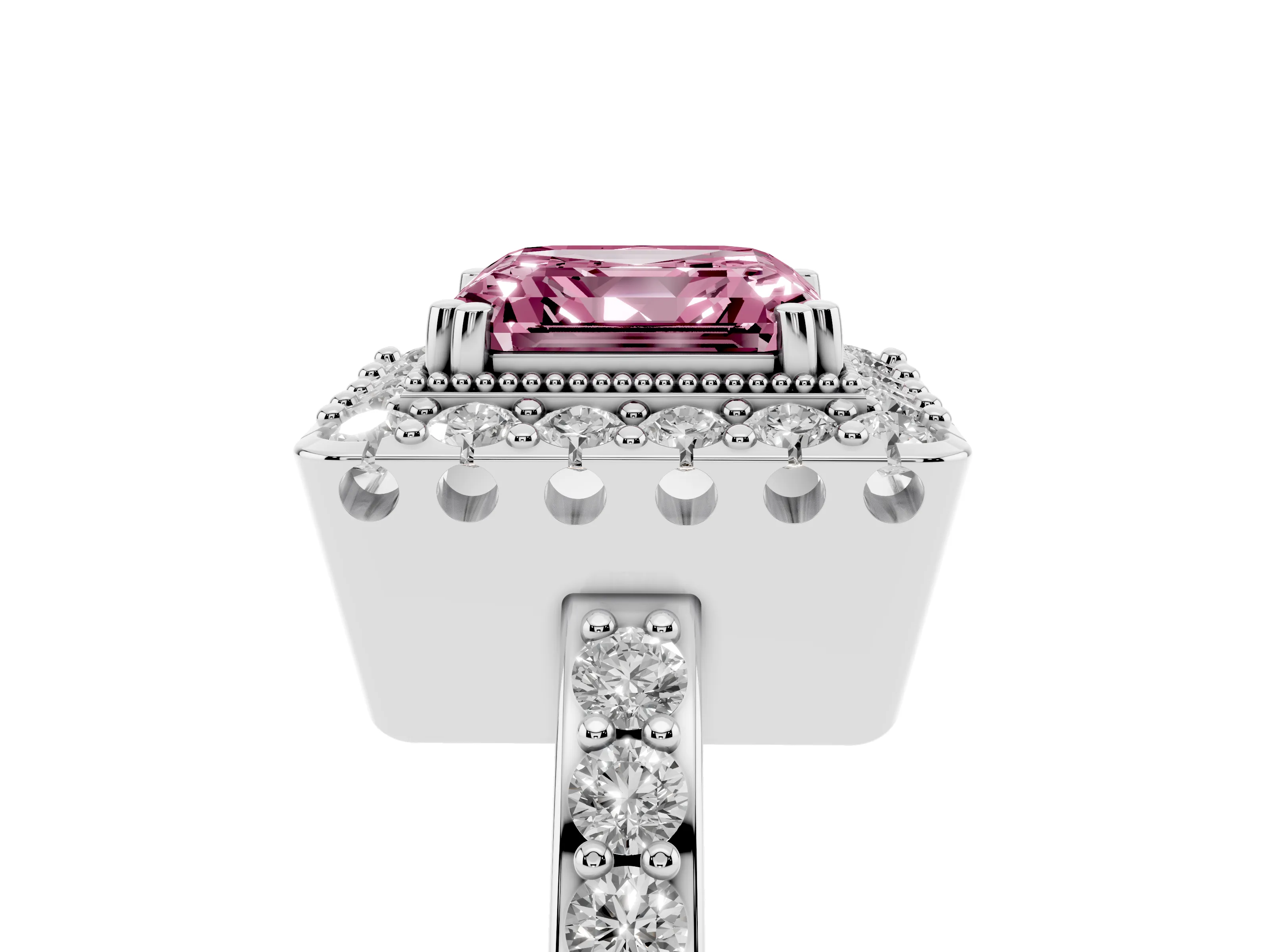 Fancy Pink Asscher Cut Diamond Halo Ring Set in Platinum with Pavé Shank and Prong Setting