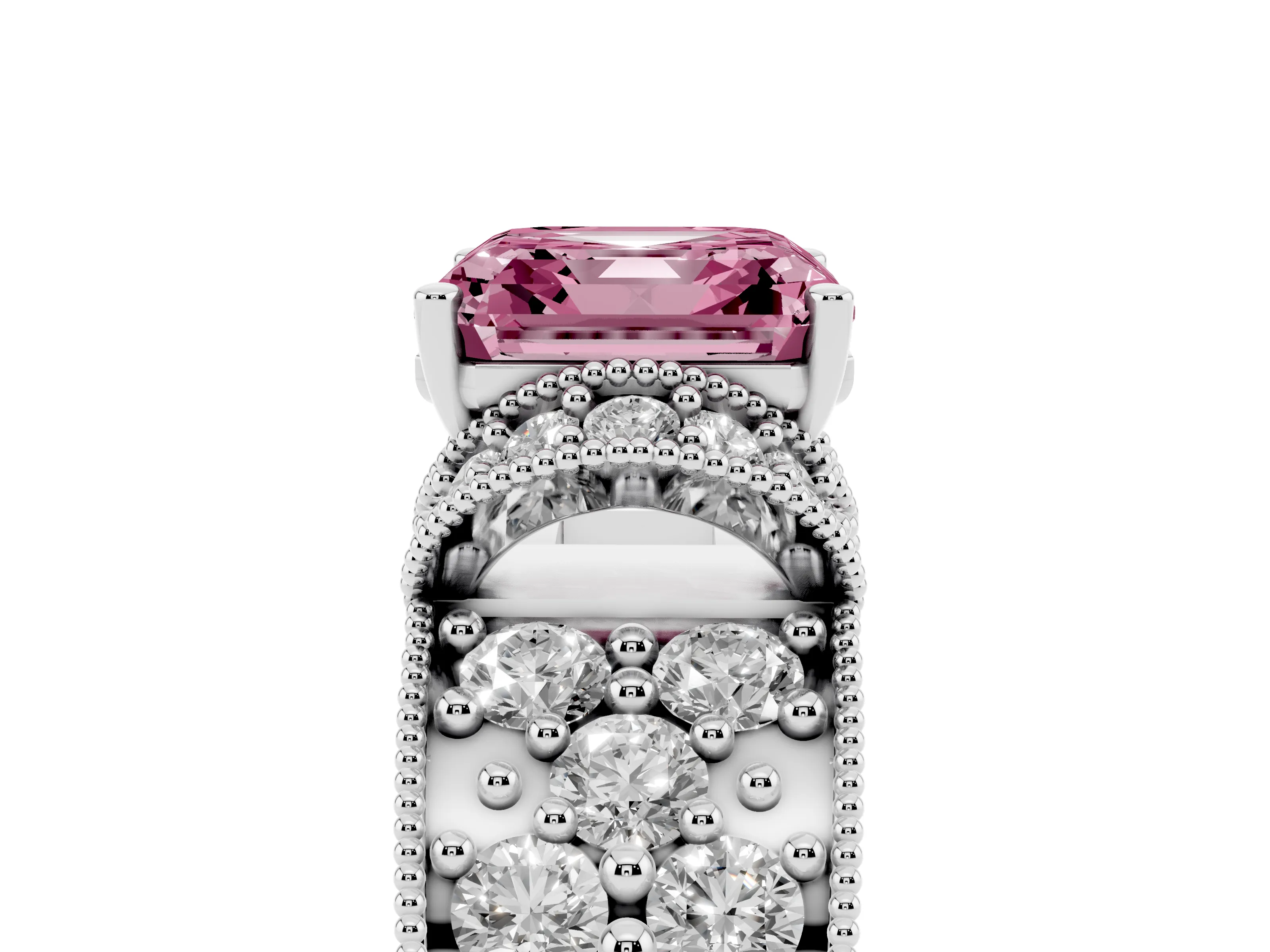 Fancy Pink Asscher Cut Diamond Milgrain Halo Pavé Engagement Ring Set in Silver with Prong Setting