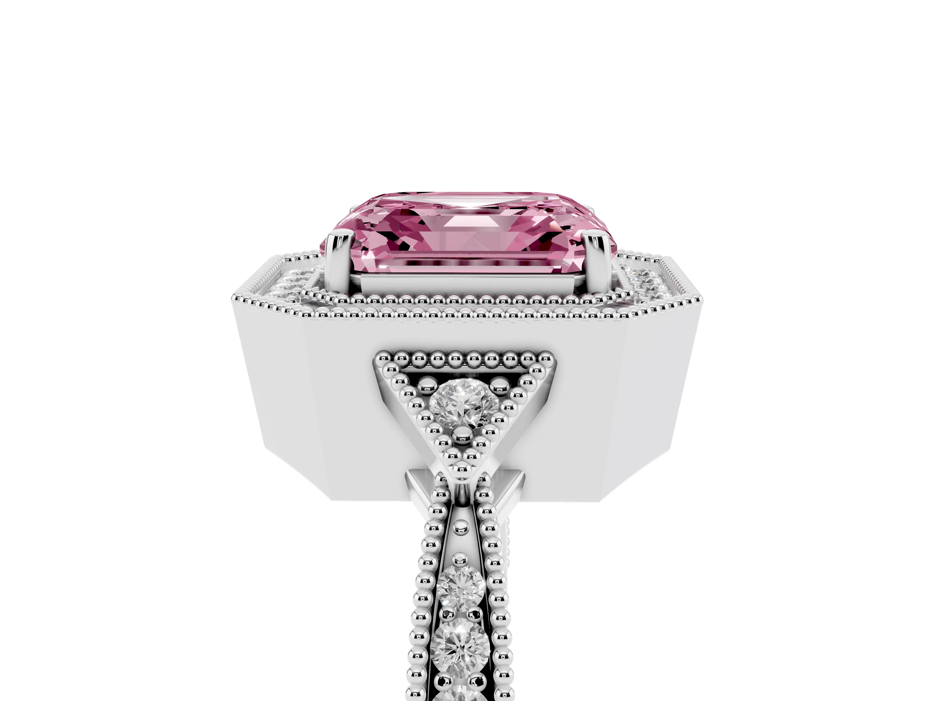 Fancy Pink Asscher Cut Diamond Halo Engagement Ring Set in White gold with Milgrain Pavé Band