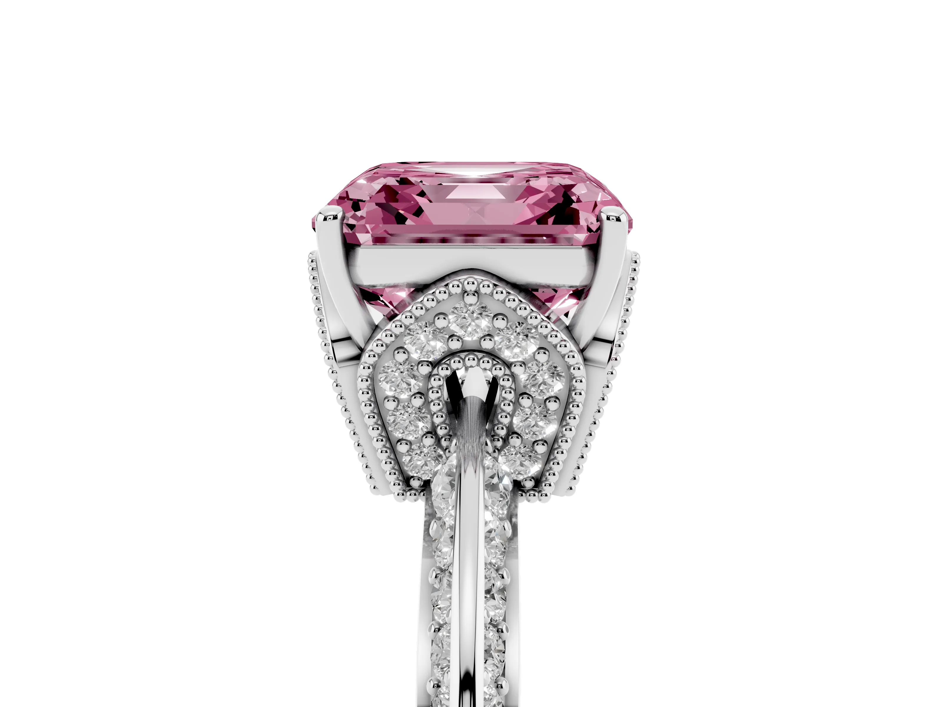 Fancy Pink Asscher Cut Diamond Solitaire Engagement Ring Set in Silver with Pavé Split Shank and Prong Setting