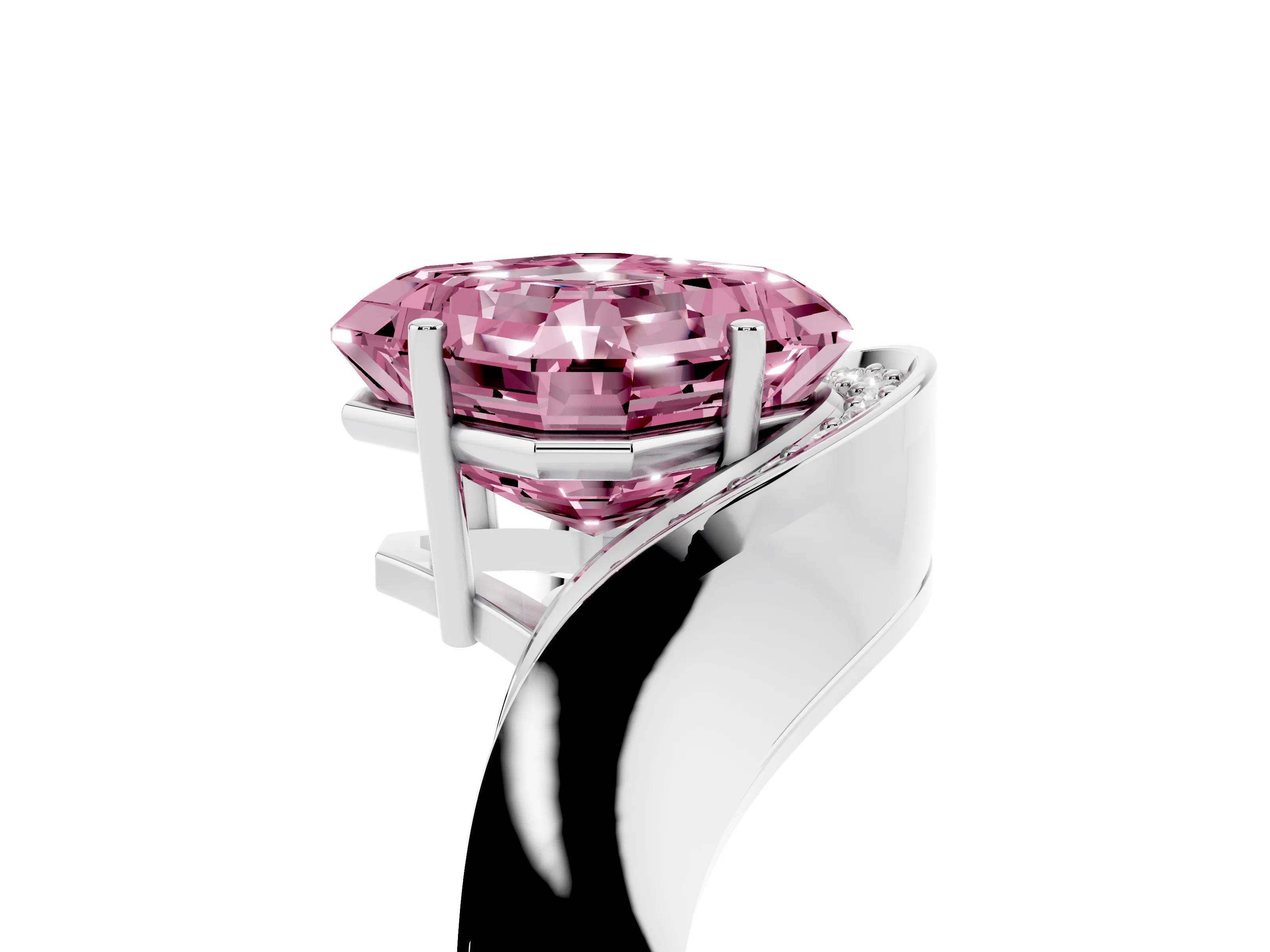 Fancy Pink Asscher Cut Diamond Solitaire Engagement Ring Set in Silver with Pavé Shoulders