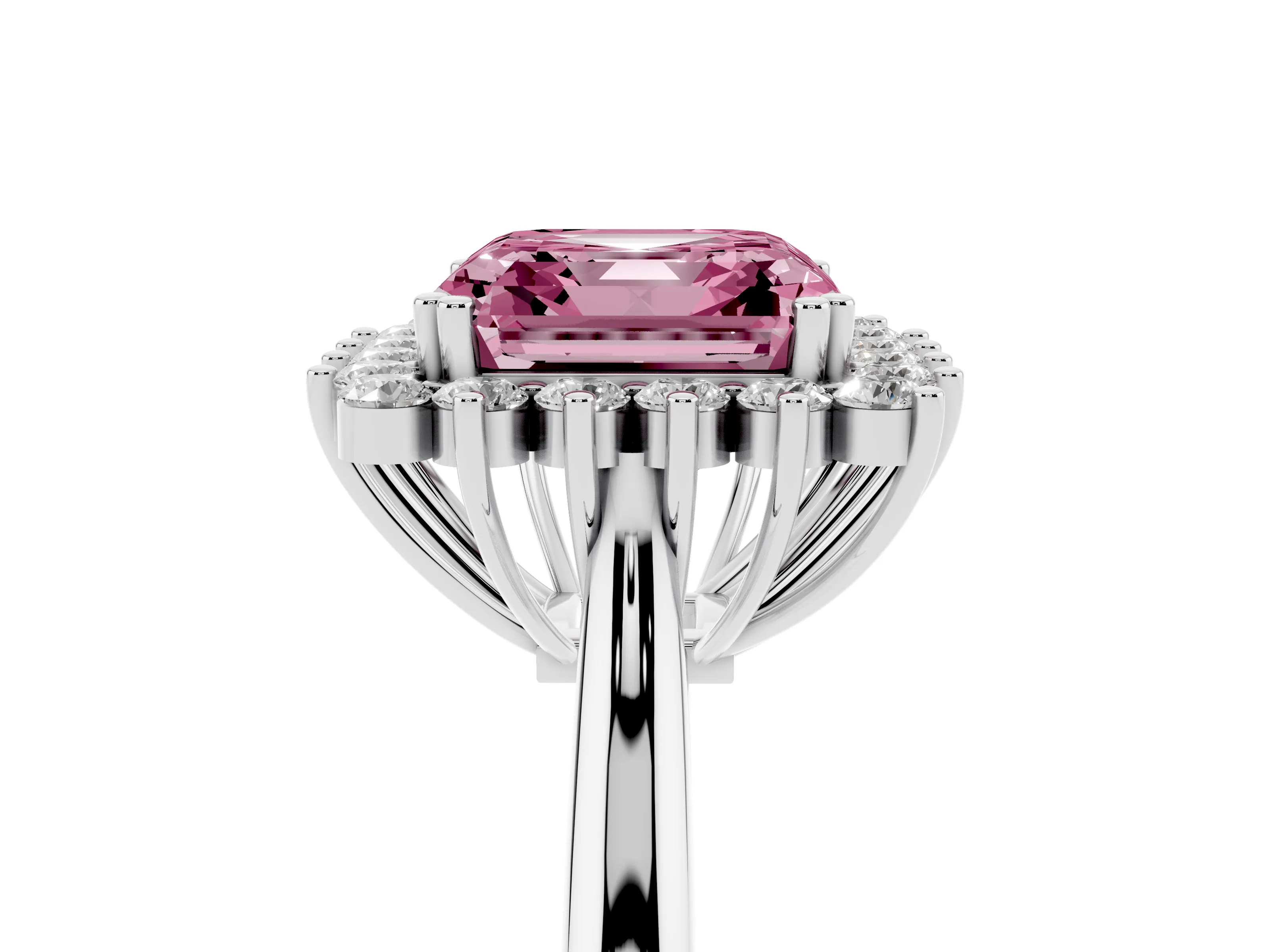 Fancy Pink Asscher Cut Diamond Halo Ring Set in Platinum with Plain Solitaire Band and Prong Setting