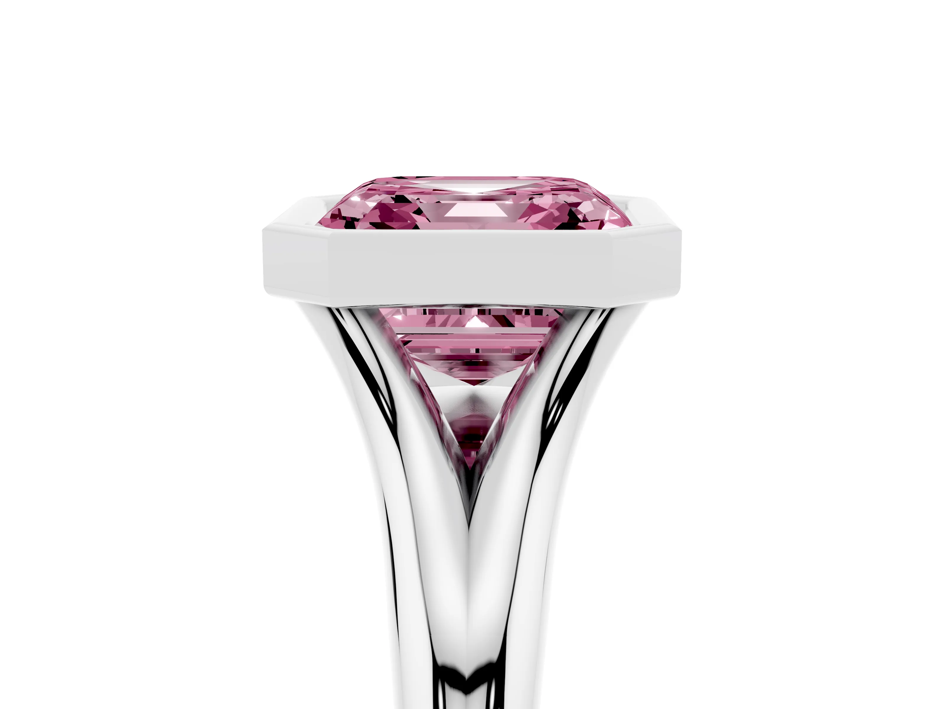 Fancy Pink Bezel Set Asscher Cut Diamond Solitaire Ring Set in Silver with Smooth Band