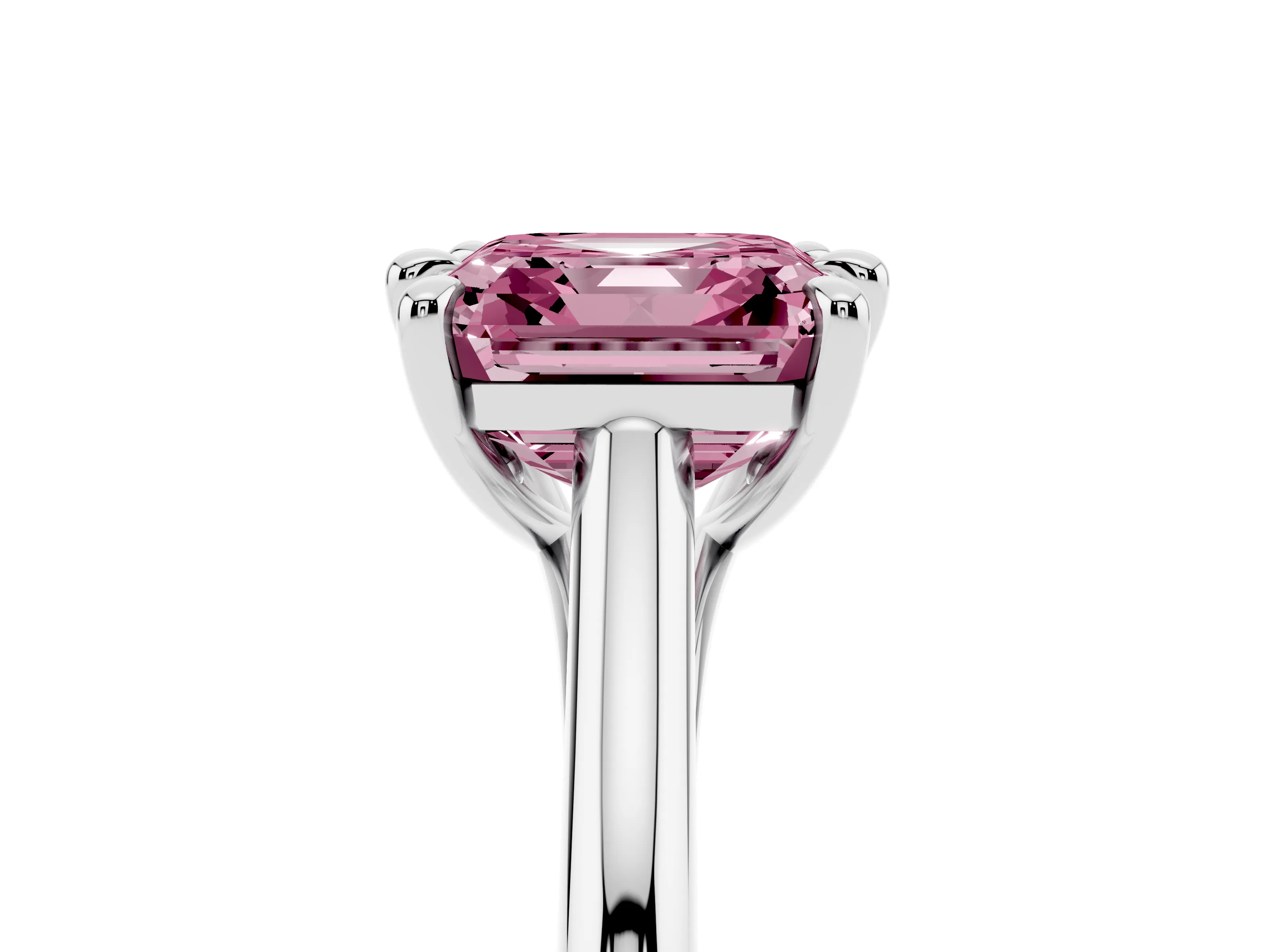 Fancy Pink Asscher Cut Diamond Solitaire Engagement Ring Set in Platinum with Prong Setting and Plain Classic Band