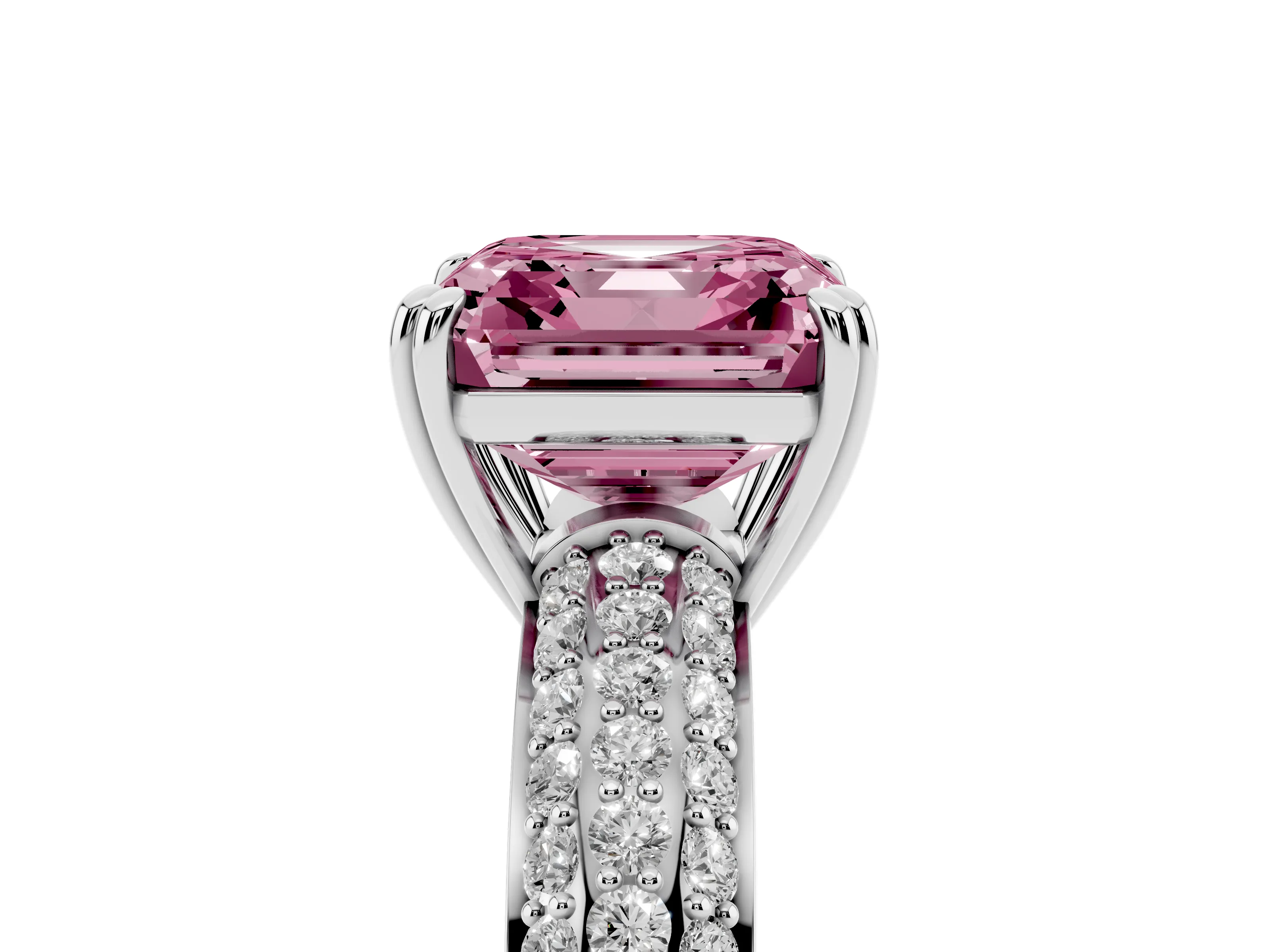 Fancy Pink Asscher Cut Diamond Solitaire Ring Set in Silver with Multi-Row Round Pavé Band and Prong Setting