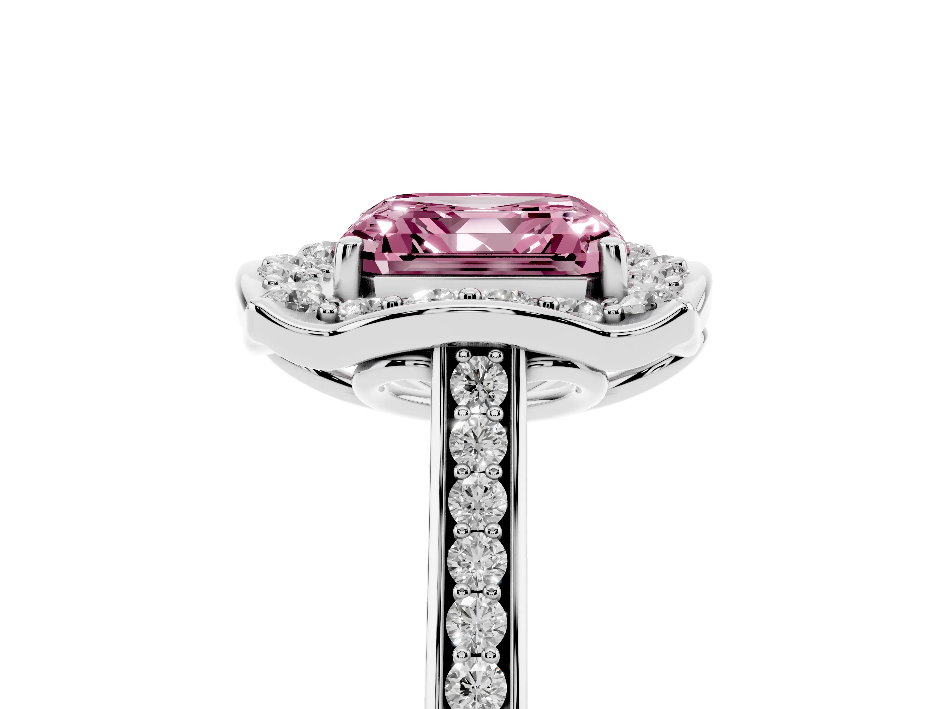 Fancy Pink Asscher Cut Diamond Halo Ring Set in Silver with Pavé-Lined Shoulders and Prong Setting