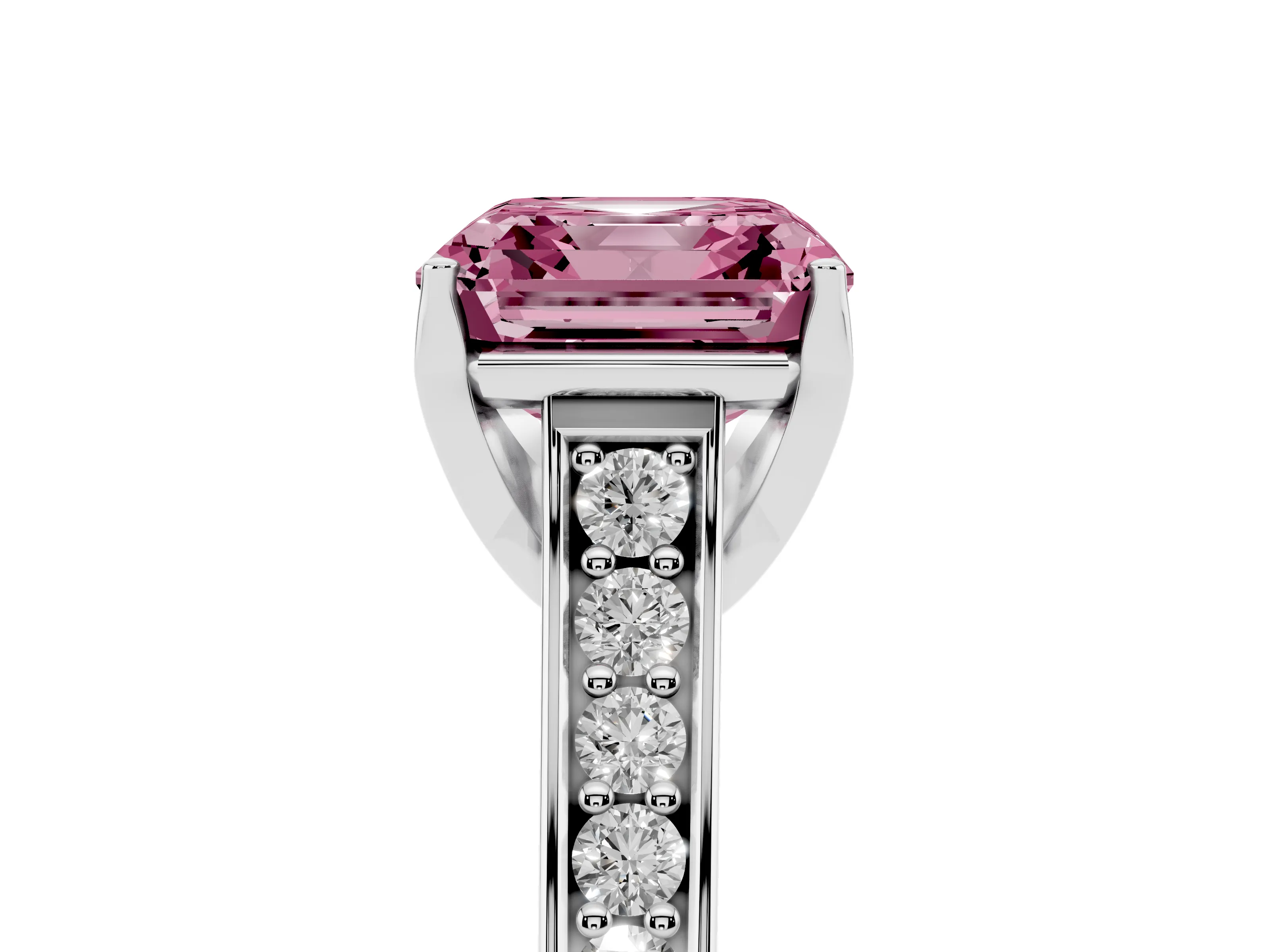 Fancy Pink Asscher Cut Diamond Solitaire Pavé Engagement Ring Set in Platinum with Prong Setting