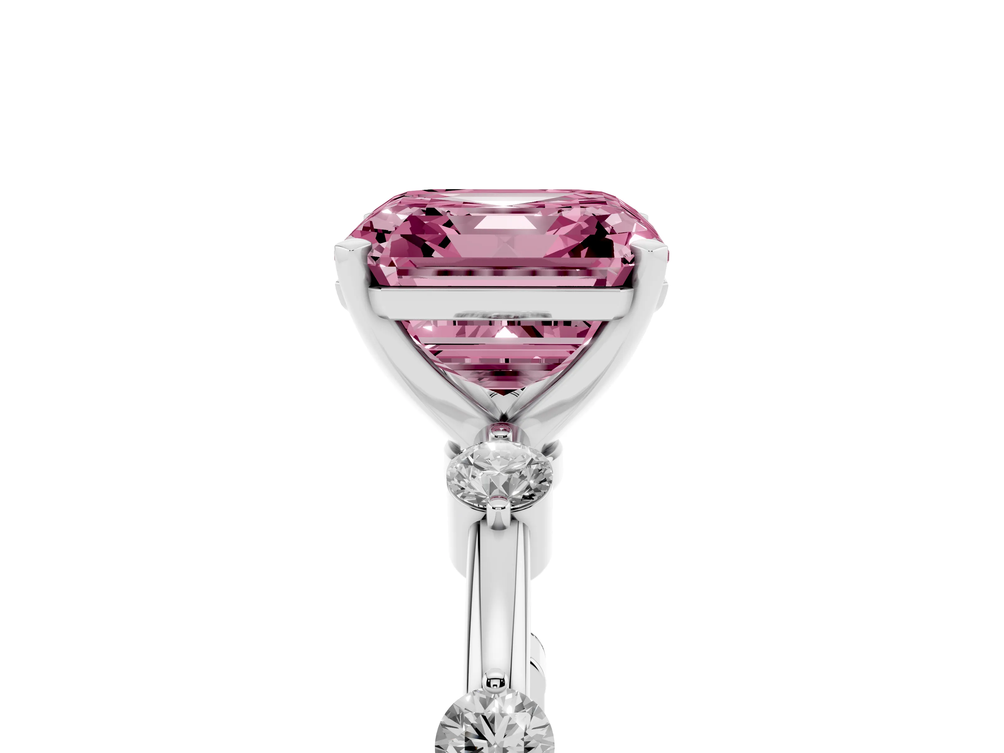 Fancy Pink Asscher Cut Diamond Solitaire Ring Set in Silver with Bezel Set Side Stones and Prong Setting