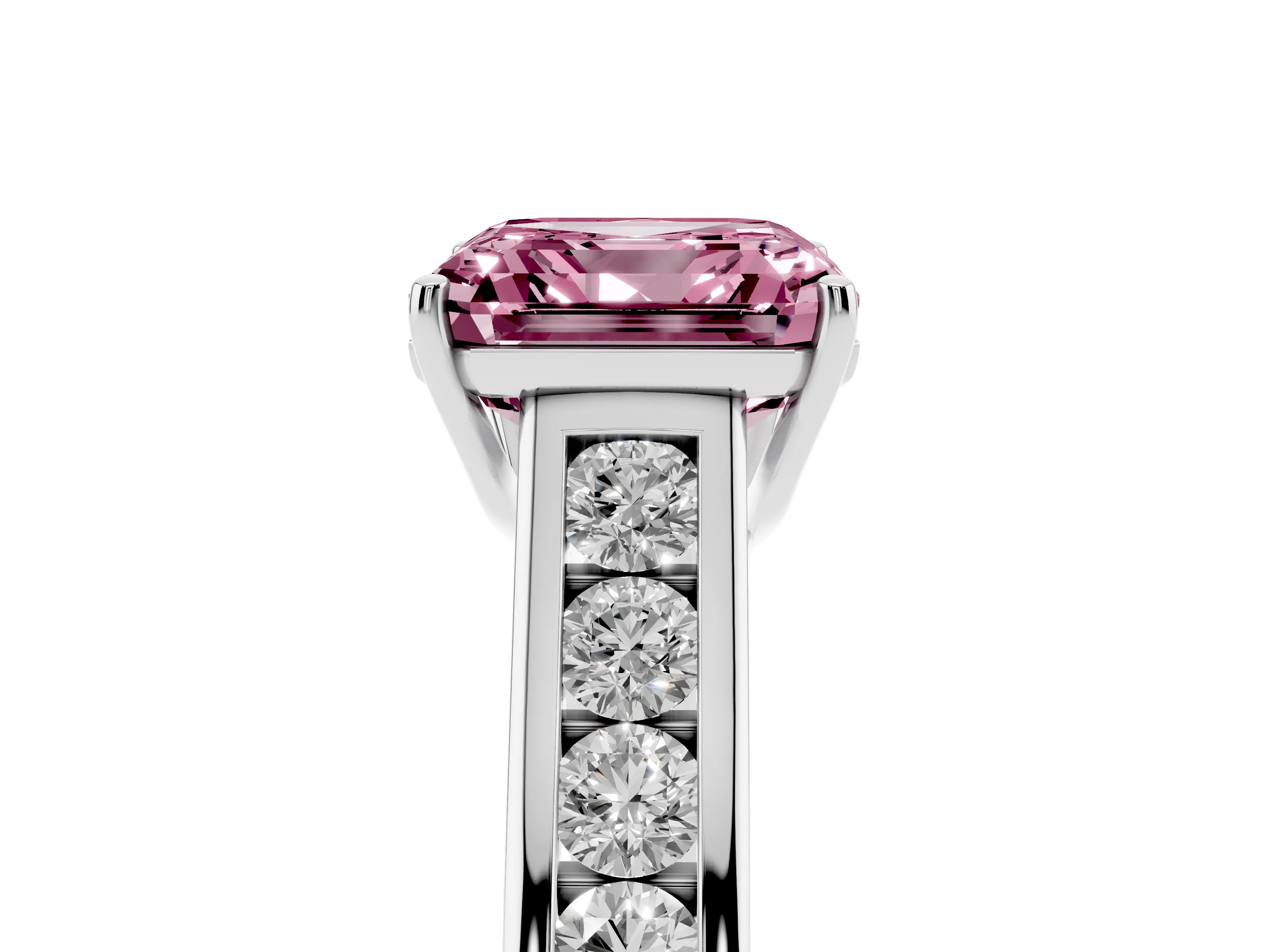 Fancy Pink Asscher Cut Diamond Brilliant Channel-Set Solitaire Ring Set in White gold with Prong Setting