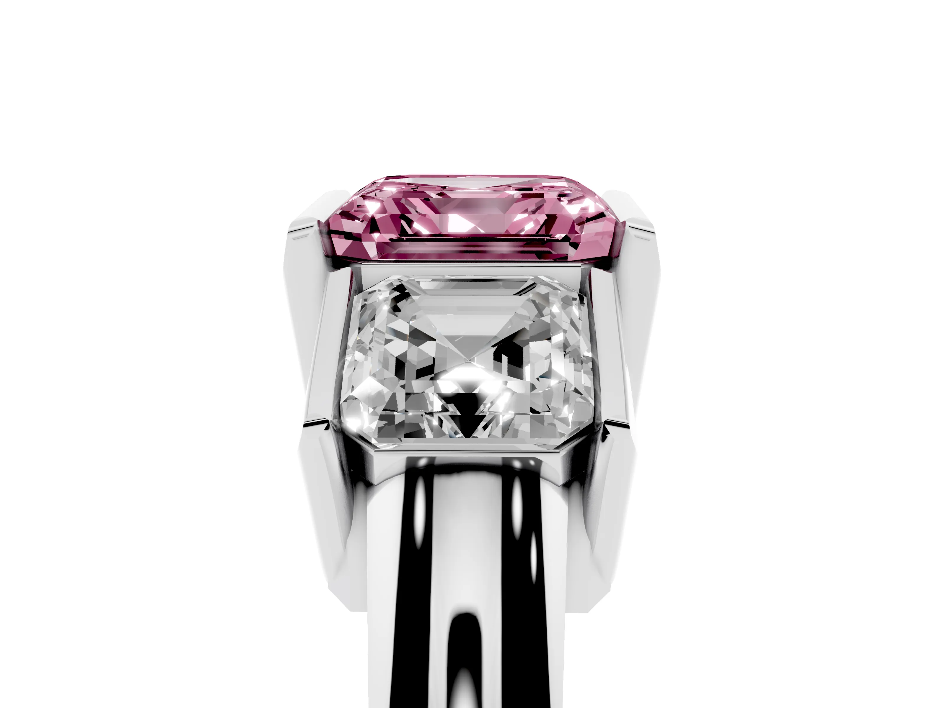 Fancy Pink Asscher Cut Diamond Three-Stone Channel Set Ring Set in White gold with Smooth Polished Band