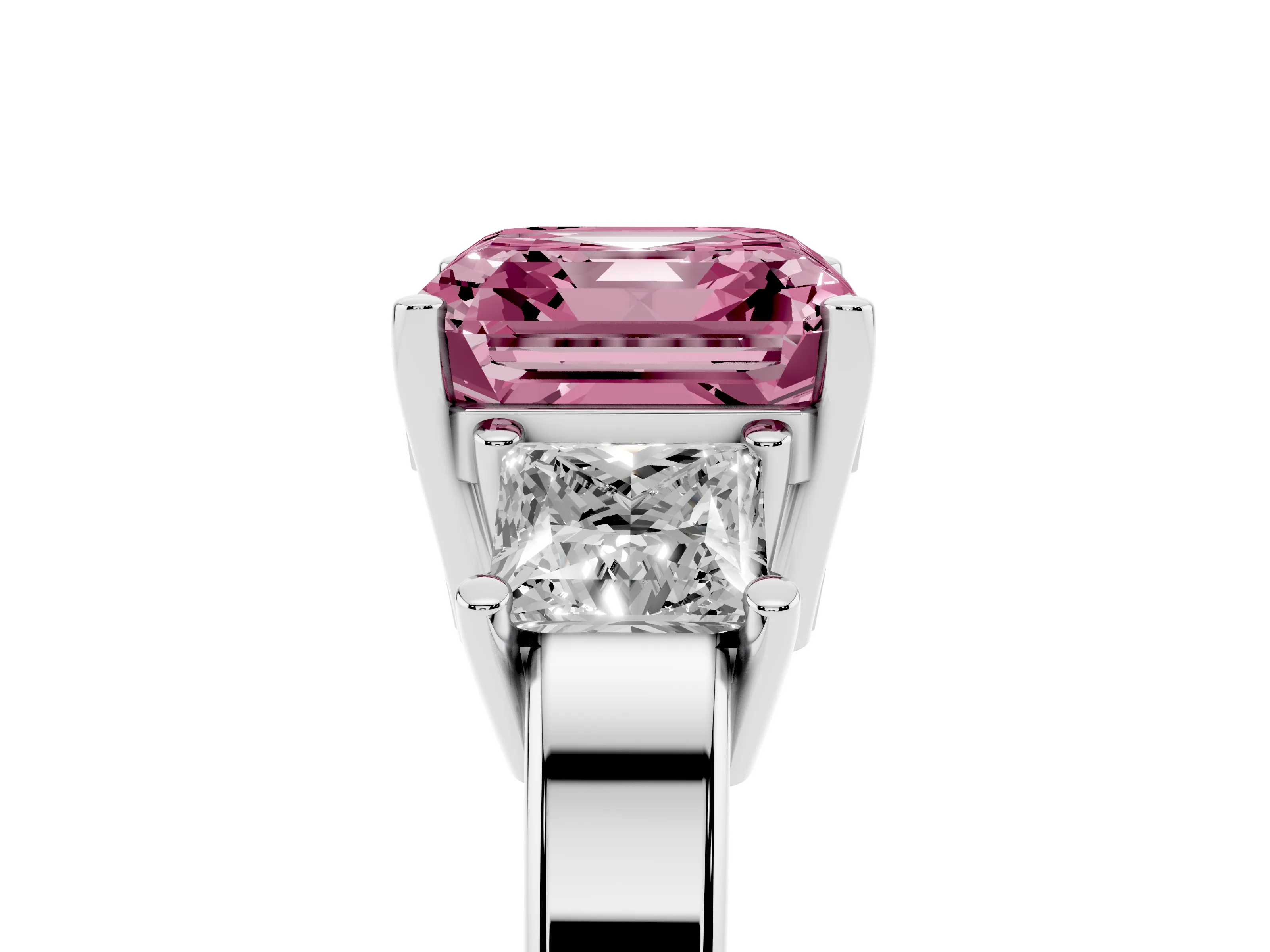 Fancy Pink Three-Stone Asscher Cut Diamond Solitaire Ring Set in Silver with Prong Setting