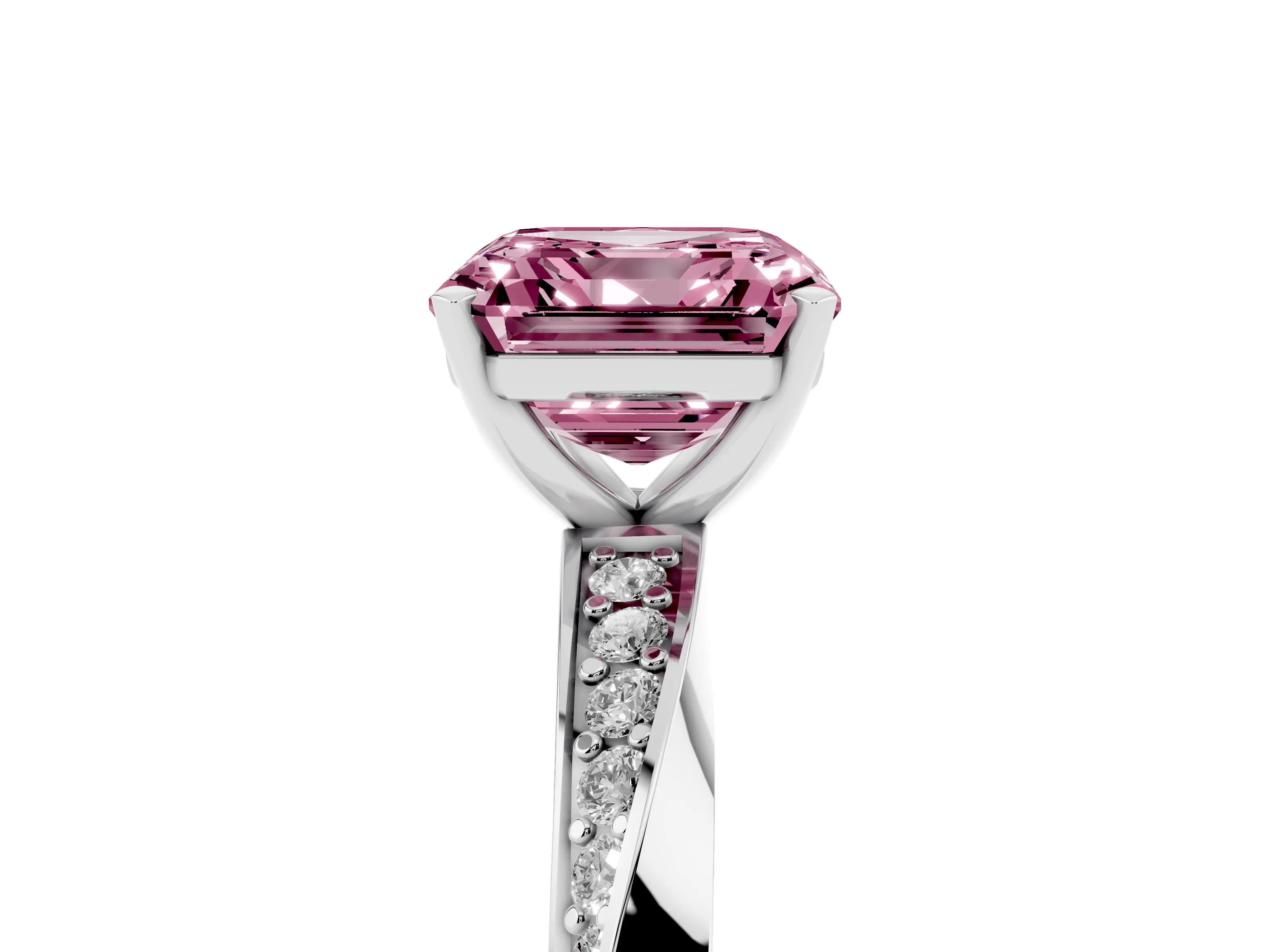 Fancy Pink Asscher Cut Diamond Engagement Ring Set in White gold with Side Stone Accents and Prong Setting