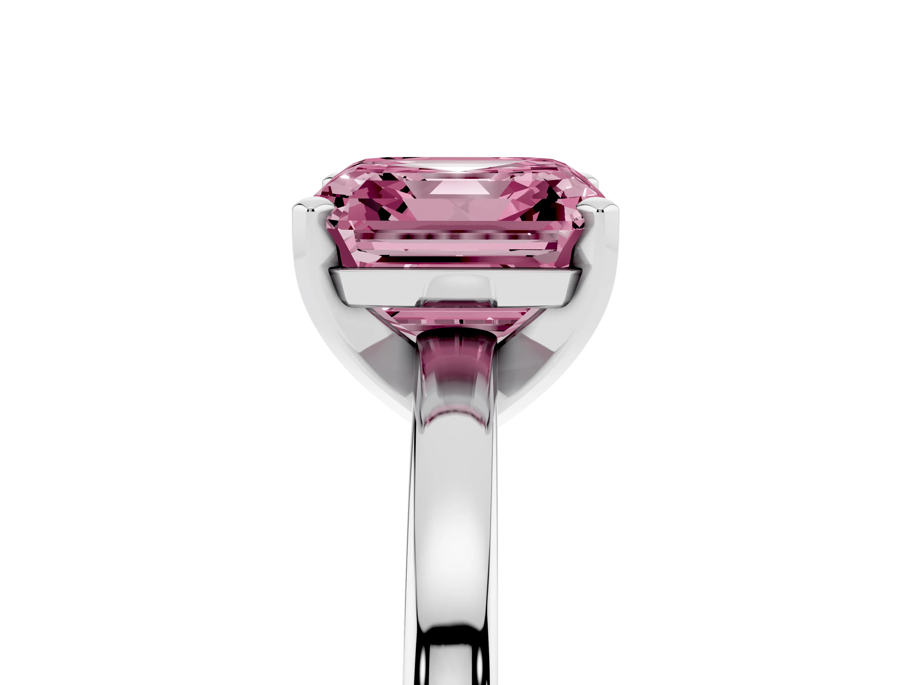 Fancy Pink Asscher Cut Diamond Solitaire Engagement Ring Set in Platinum with Prong Setting on a Classic Band