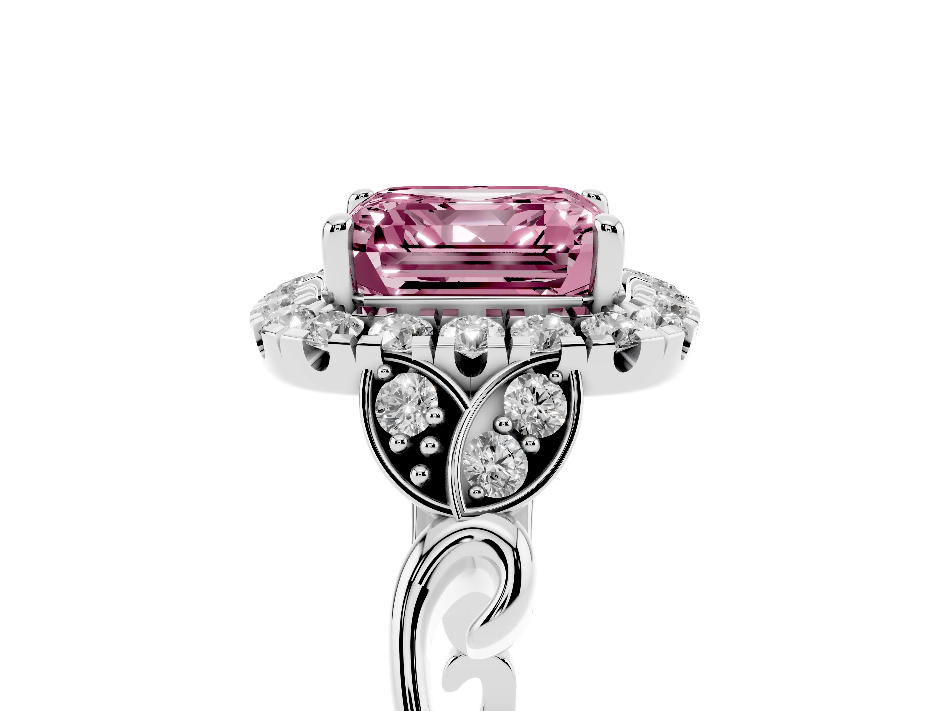 Fancy Pink Asscher Cut Diamond Halo Engagement Ring Set in Platinum with Vintage-Inspired Band and Prong Setting