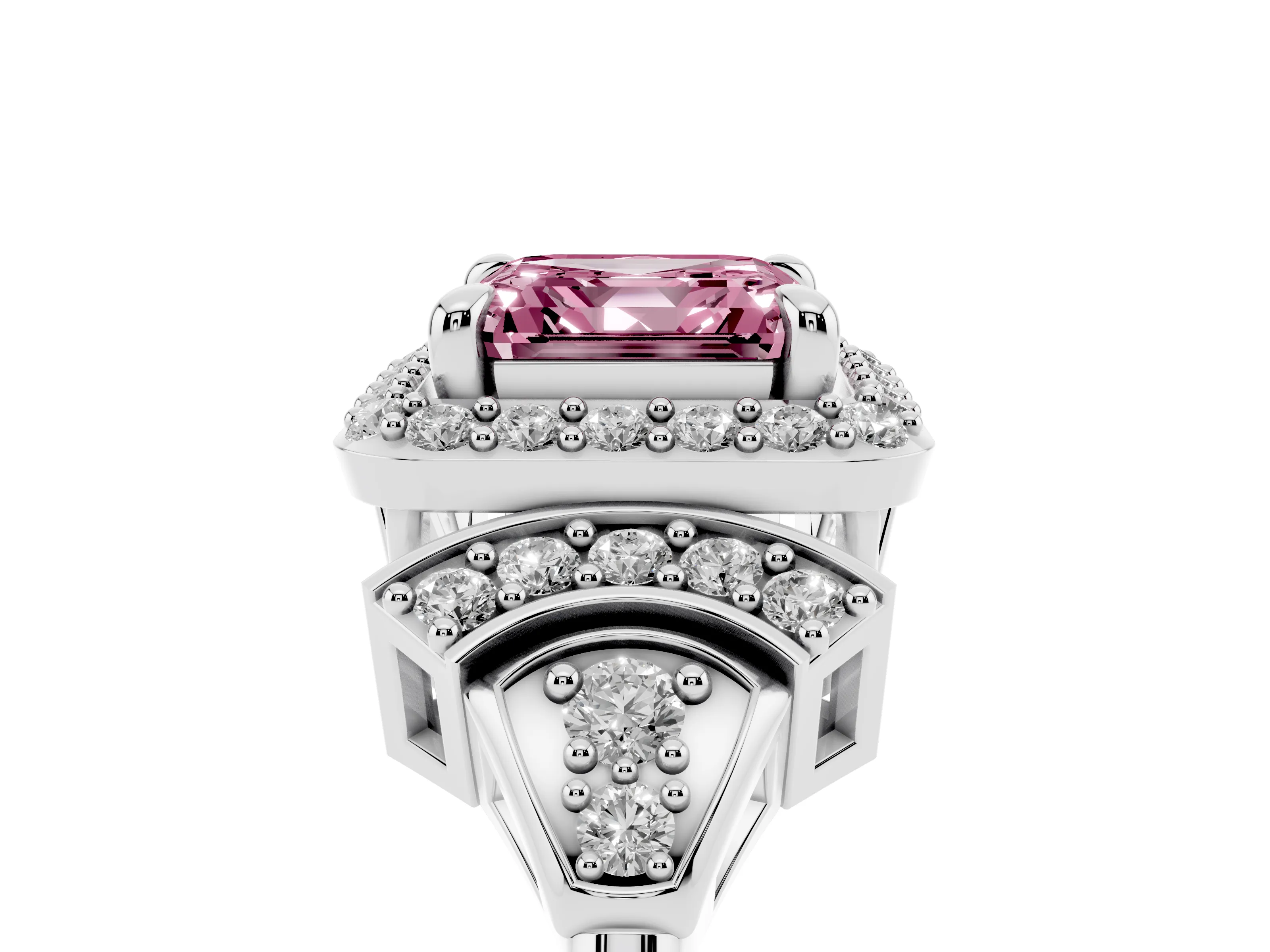 Fancy Pink Asscher Cut Diamond Halo Engagement Ring Set in Platinum with Accent Stone Split Shank