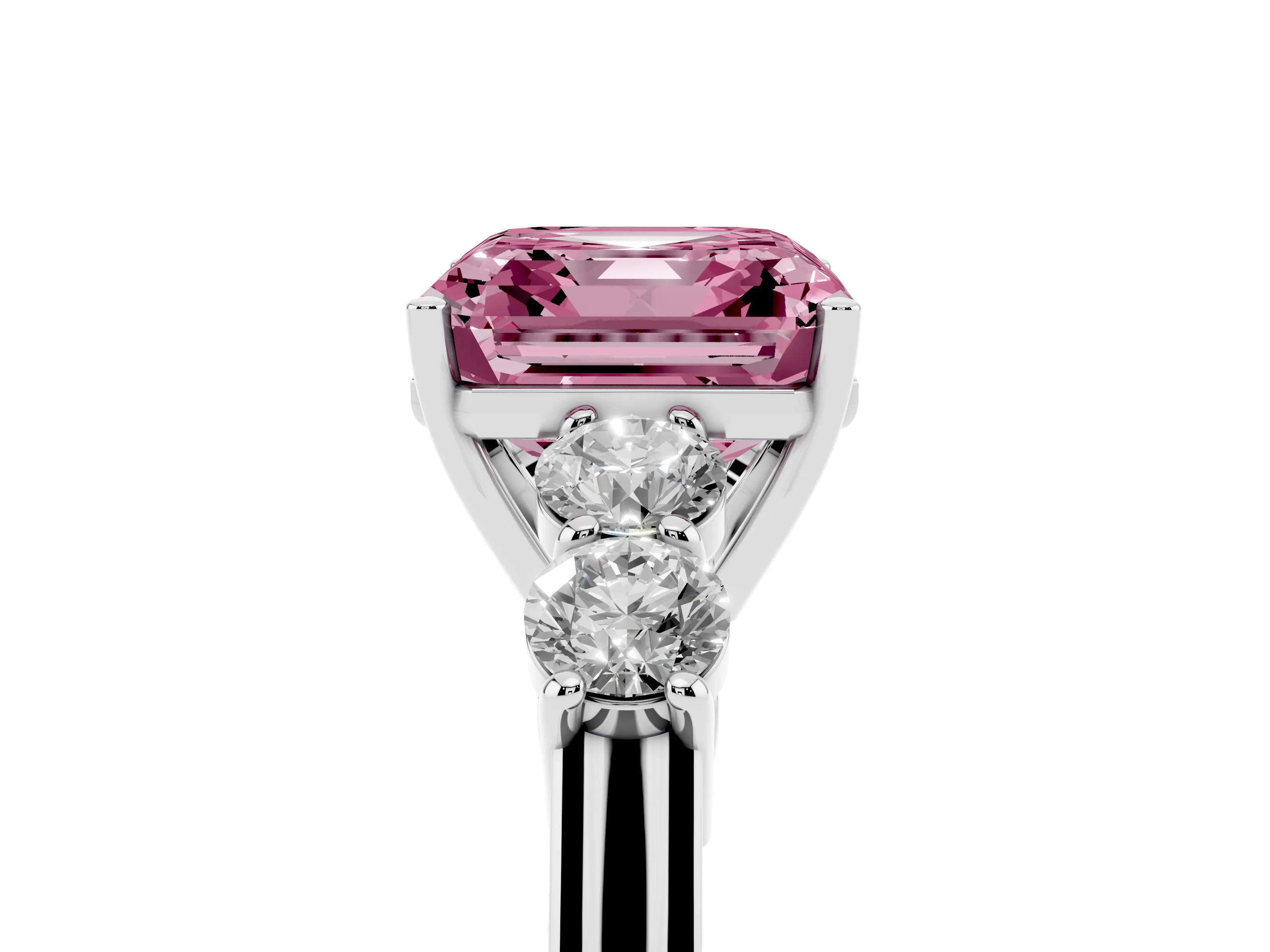 Fancy Pink Asscher Cut Diamond Five-Stone Prong Set Band Ring Set in Platinum with Polished Band