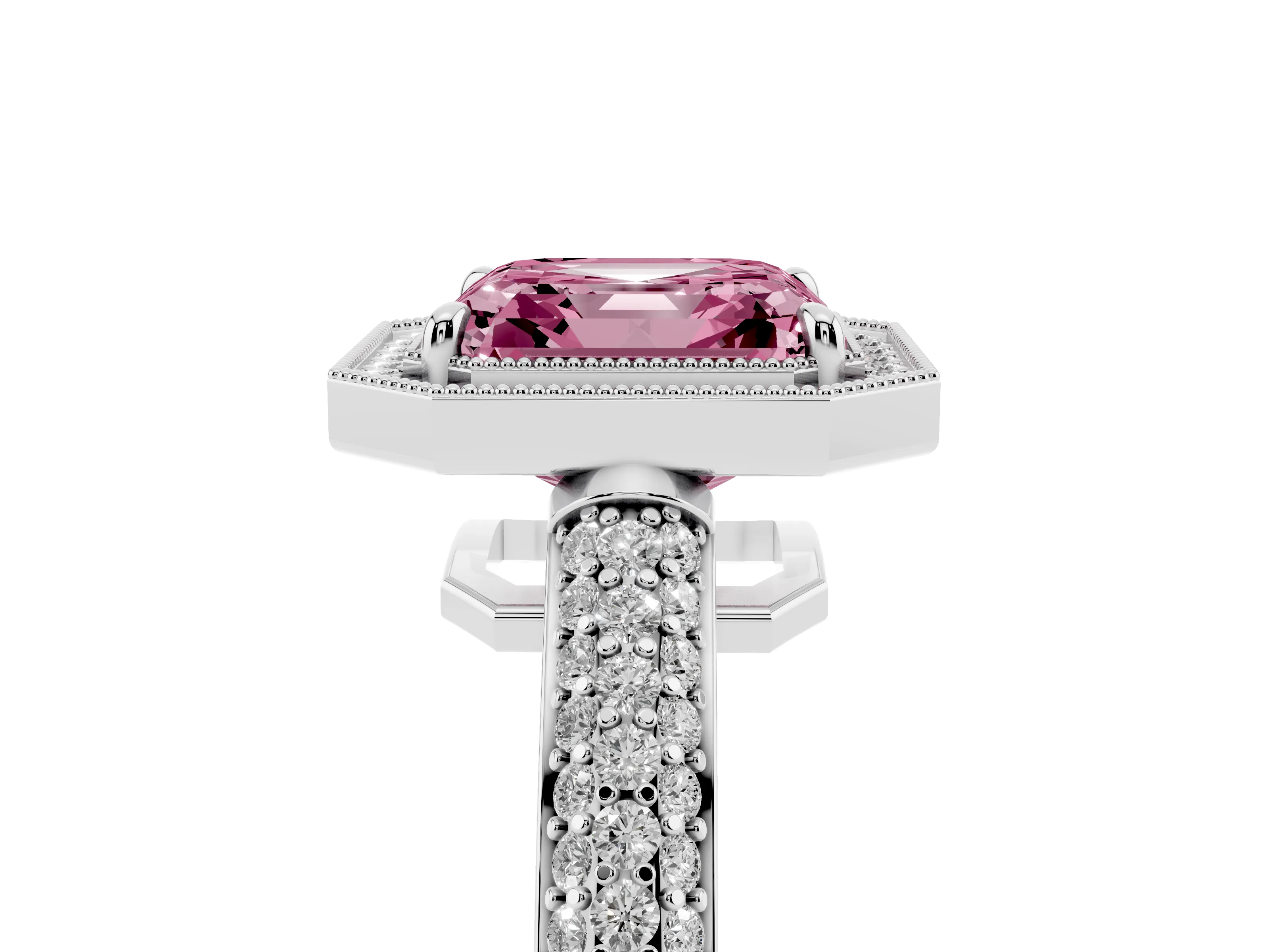 Fancy Pink Asscher Cut Diamond Halo Pavé Band Set in White gold with Prong Setting