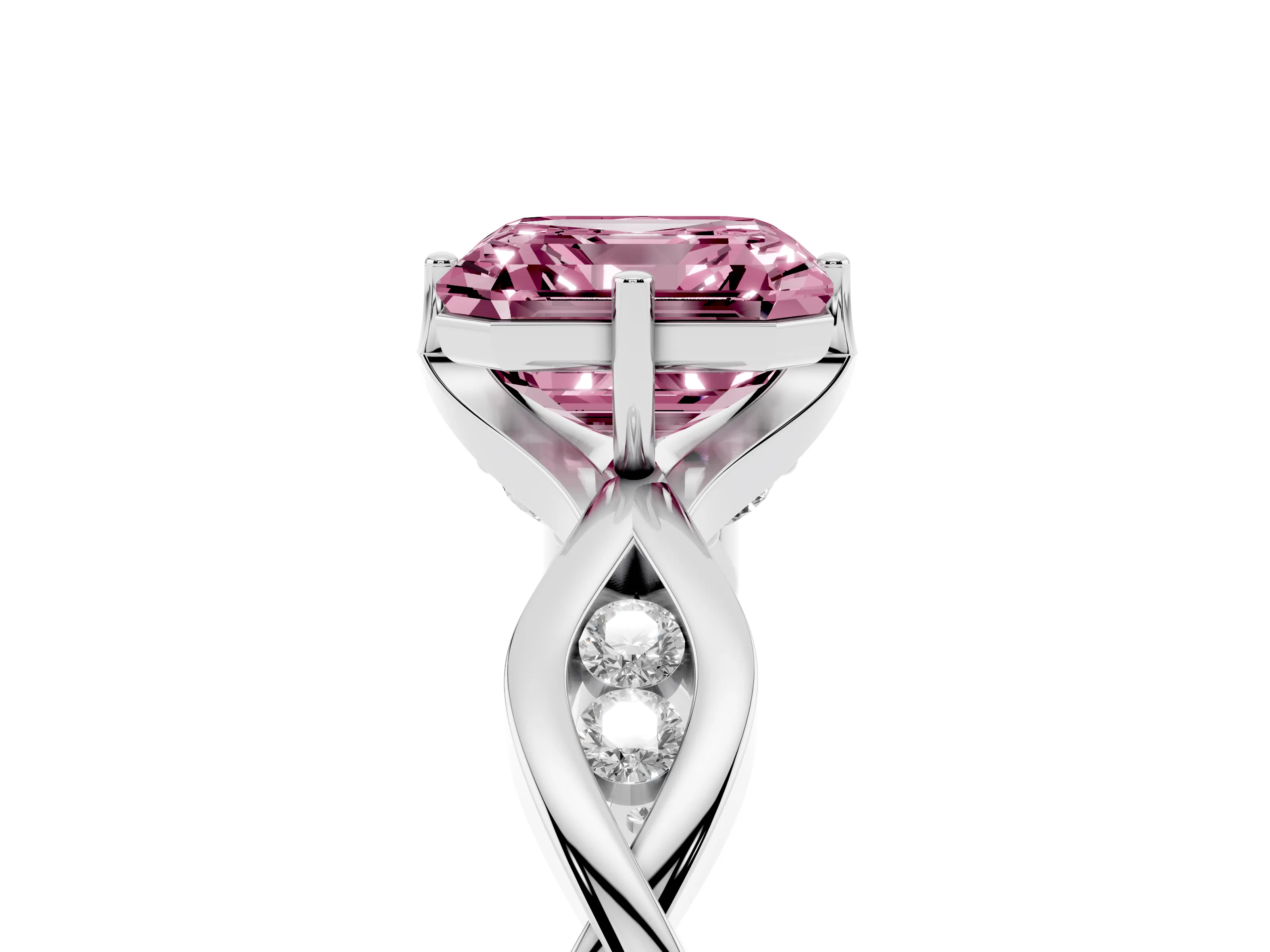 Fancy Pink Asscher Cut Diamond Twist Band Solitaire Ring Set in Platinum with Leaf Prong Setting and Accent Stones
