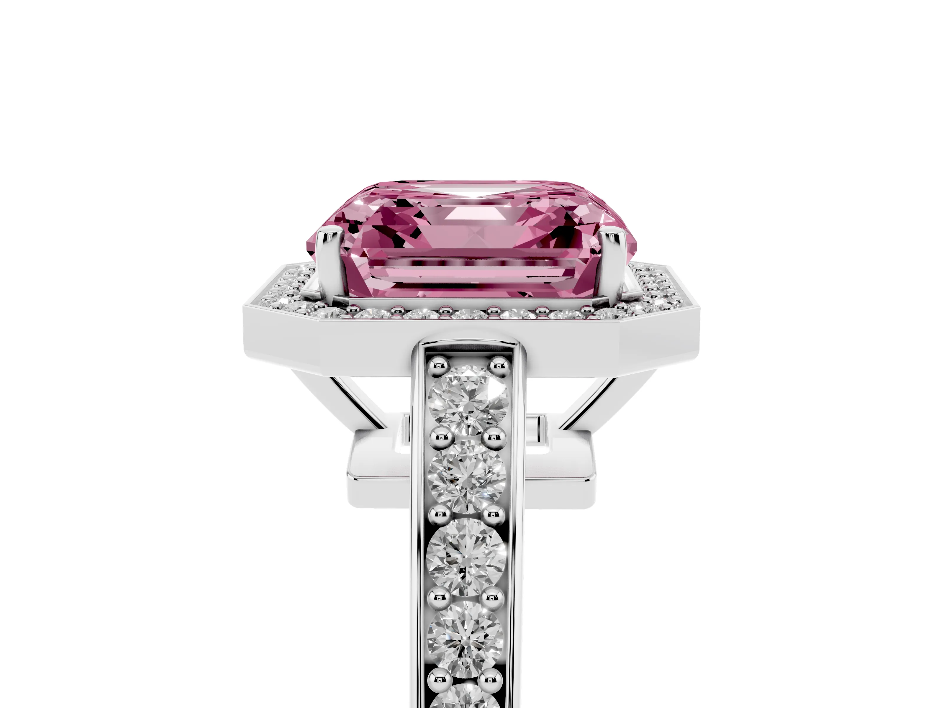 Fancy Pink Asscher Cut Diamond Halo Pavé Engagement Ring Set in Silver with Bezel Setting