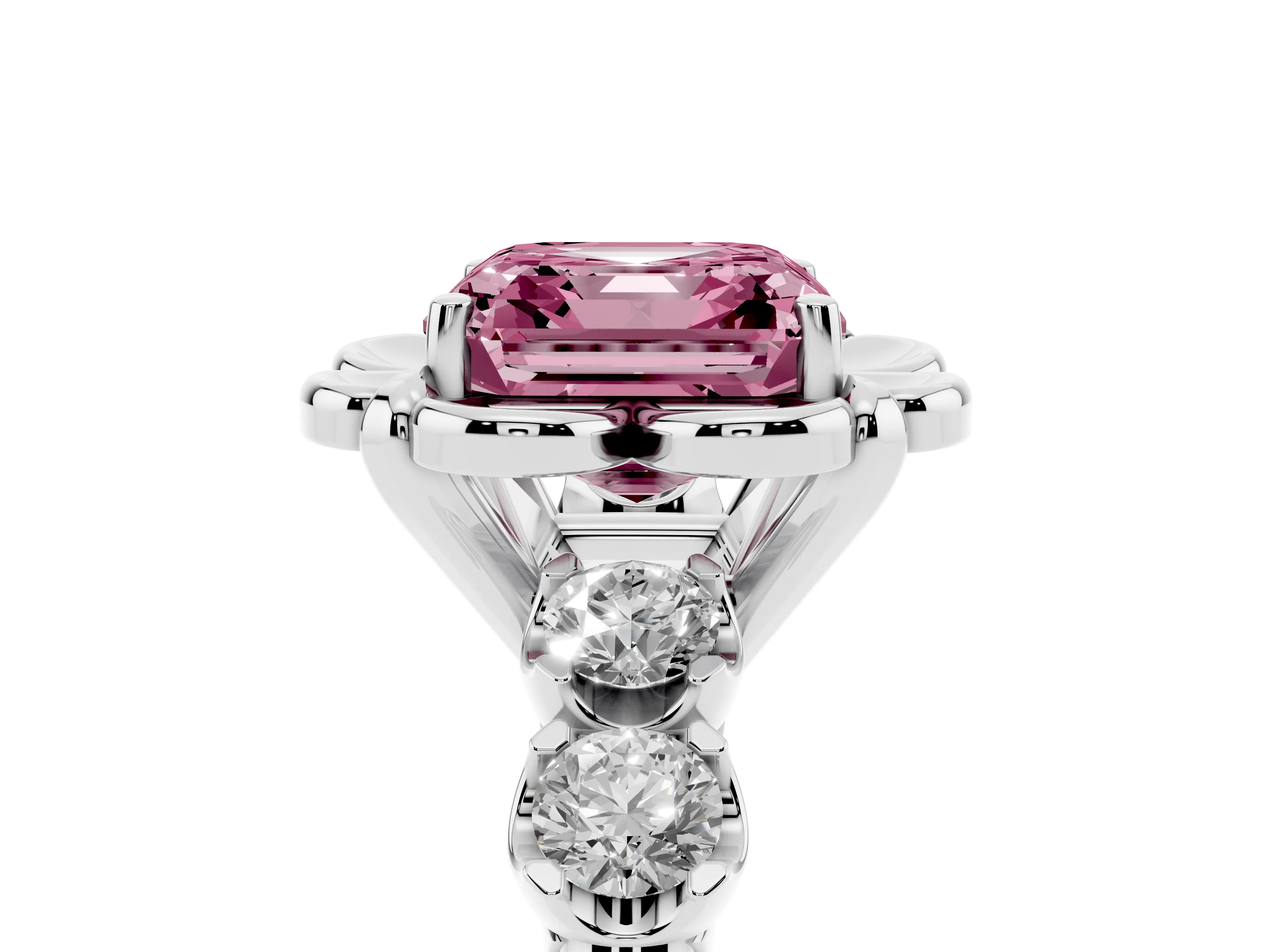Fancy Pink Asscher Cut Diamond Floral Halo Ring Set in Platinum with Shared Prong Band