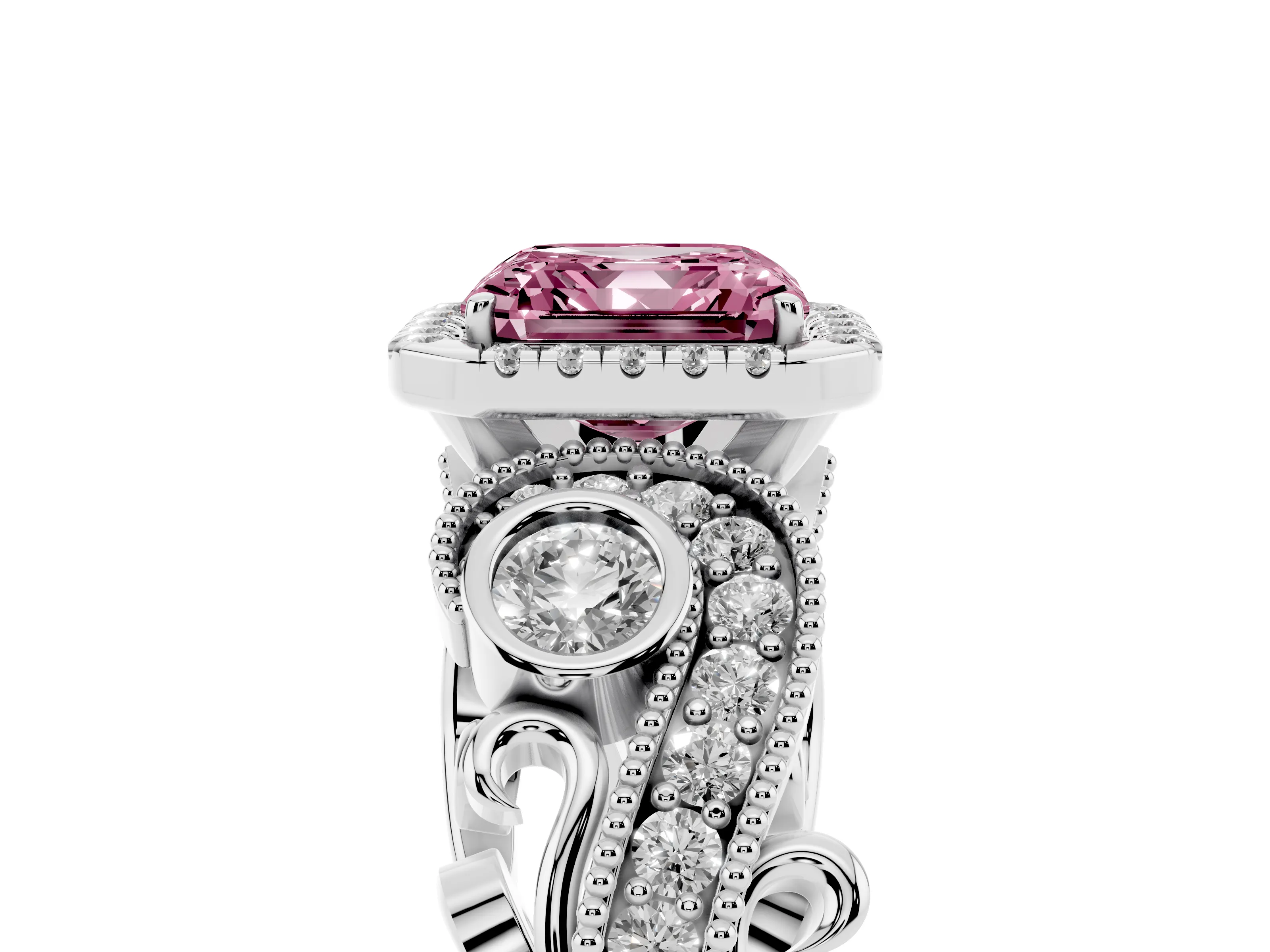 Fancy Pink Asscher Cut Diamond Halo Ring Set in Silver with Milgrain Pavé Band and Prong Setting