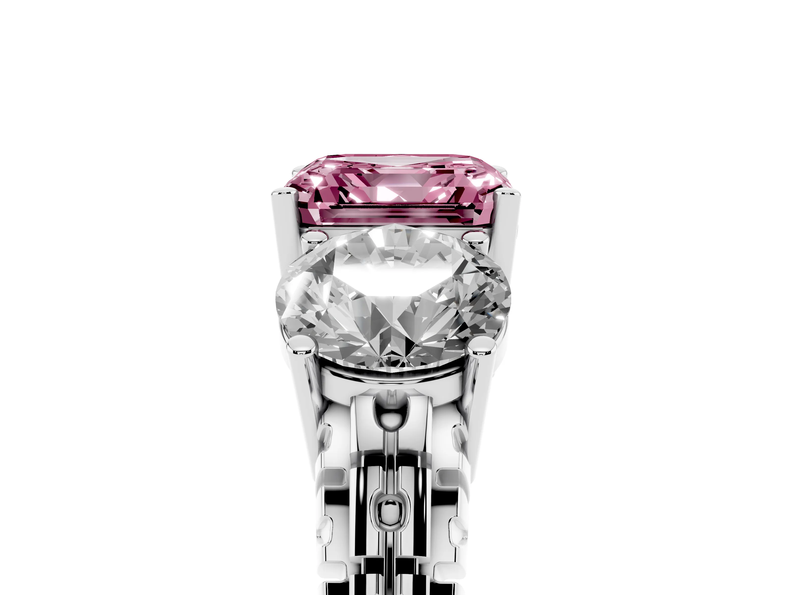 Fancy Pink Asscher Cut Diamond Three-Stone Ring Set in Platinum with Channel-Set Accent Band