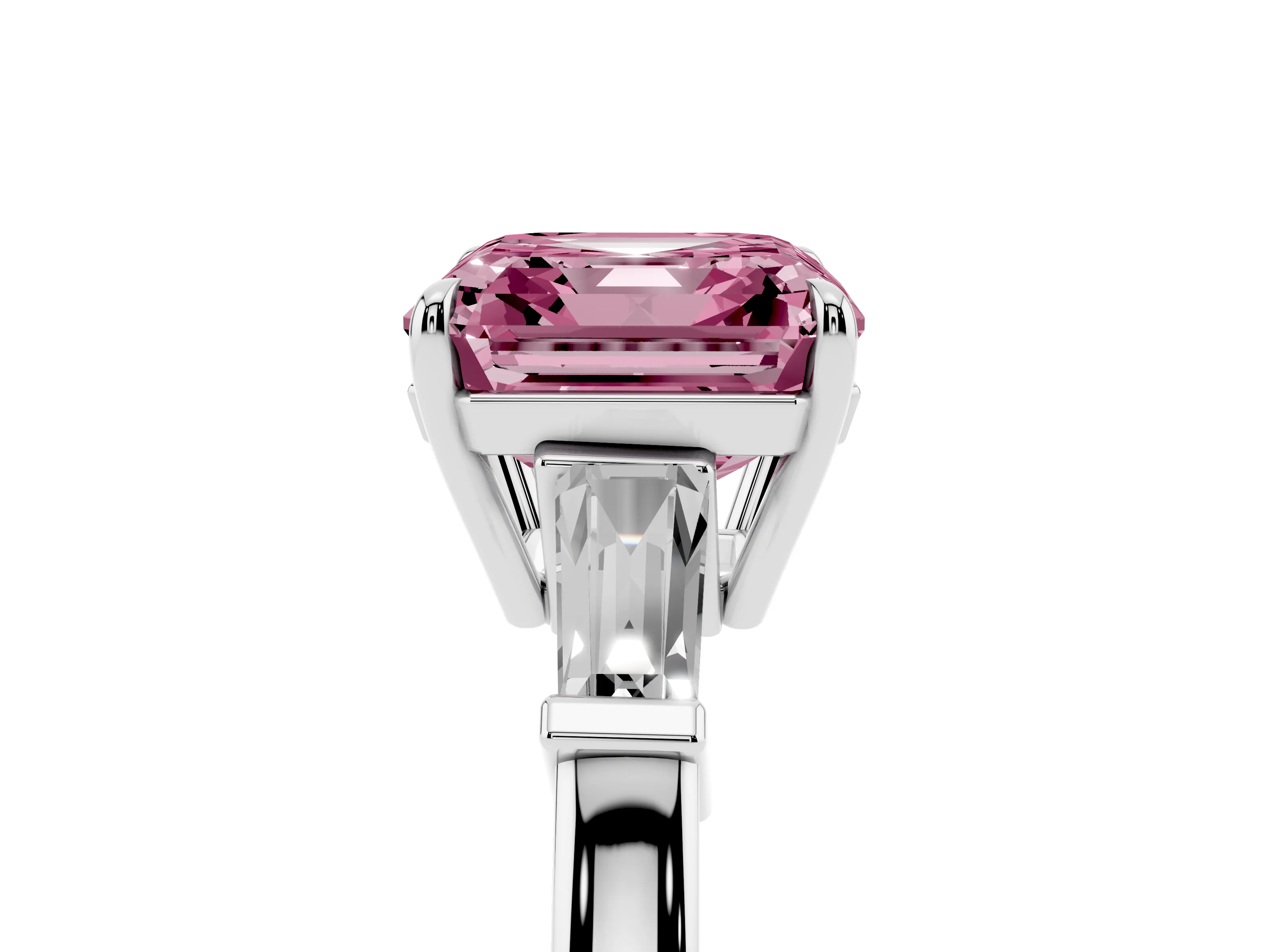 Fancy Pink Asscher Cut Diamond Three-Stone Ring Set in White gold with Tapered Baguette Side Stones and Prong Setting
