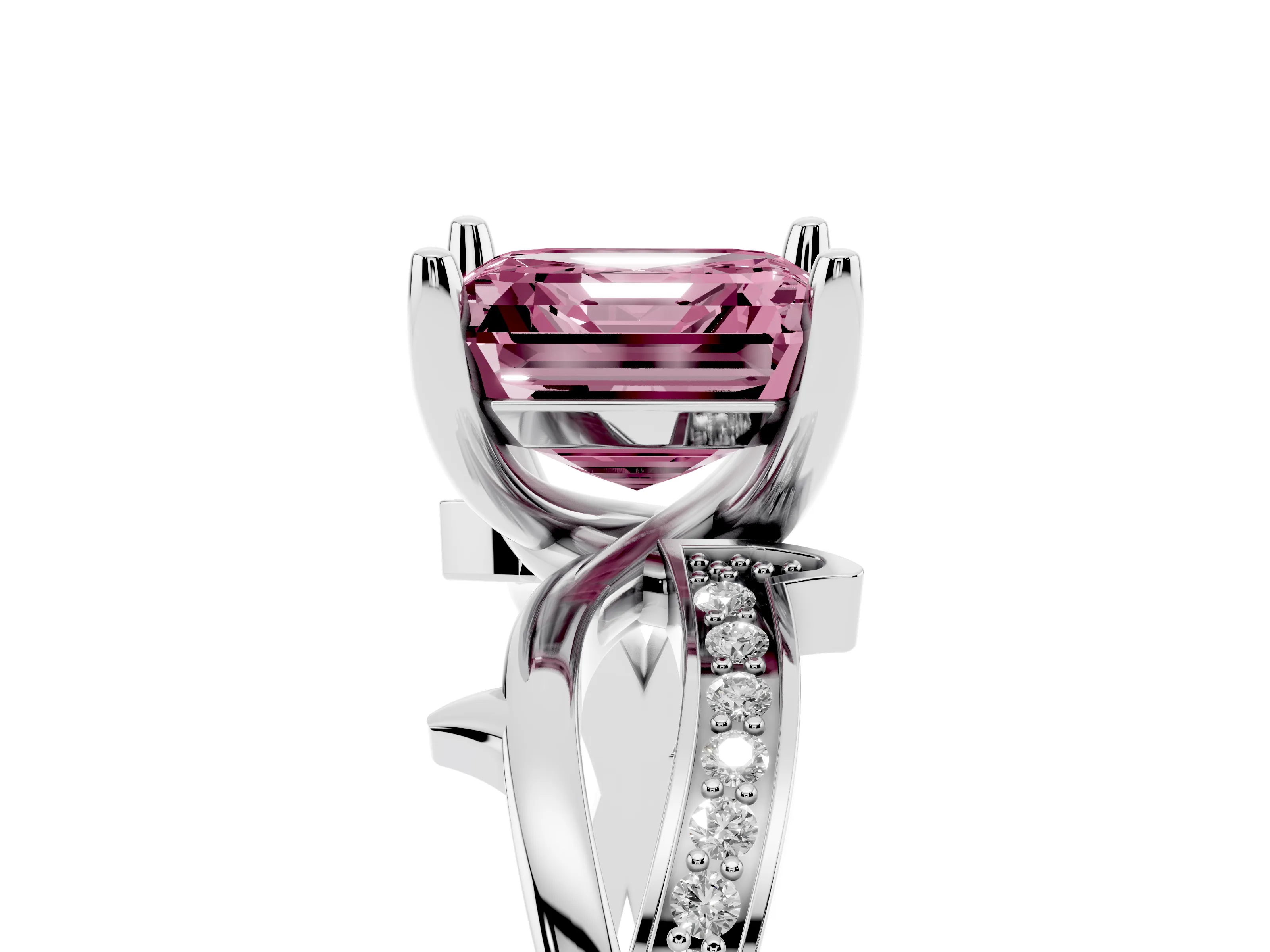 Fancy Pink Asscher Cut Diamond Pavé Twist Band Solitaire Ring Set in Platinum with Prong Setting