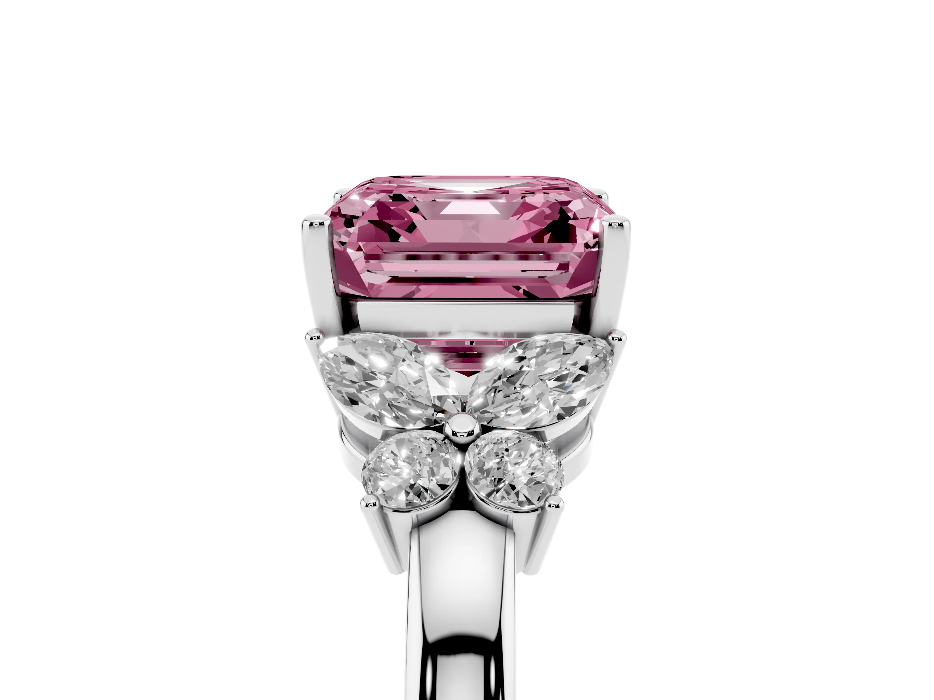 Fancy Pink Asscher Cut Diamond Solitaire Floral Ring Set in White gold with Marquise Petals and Prong Setting