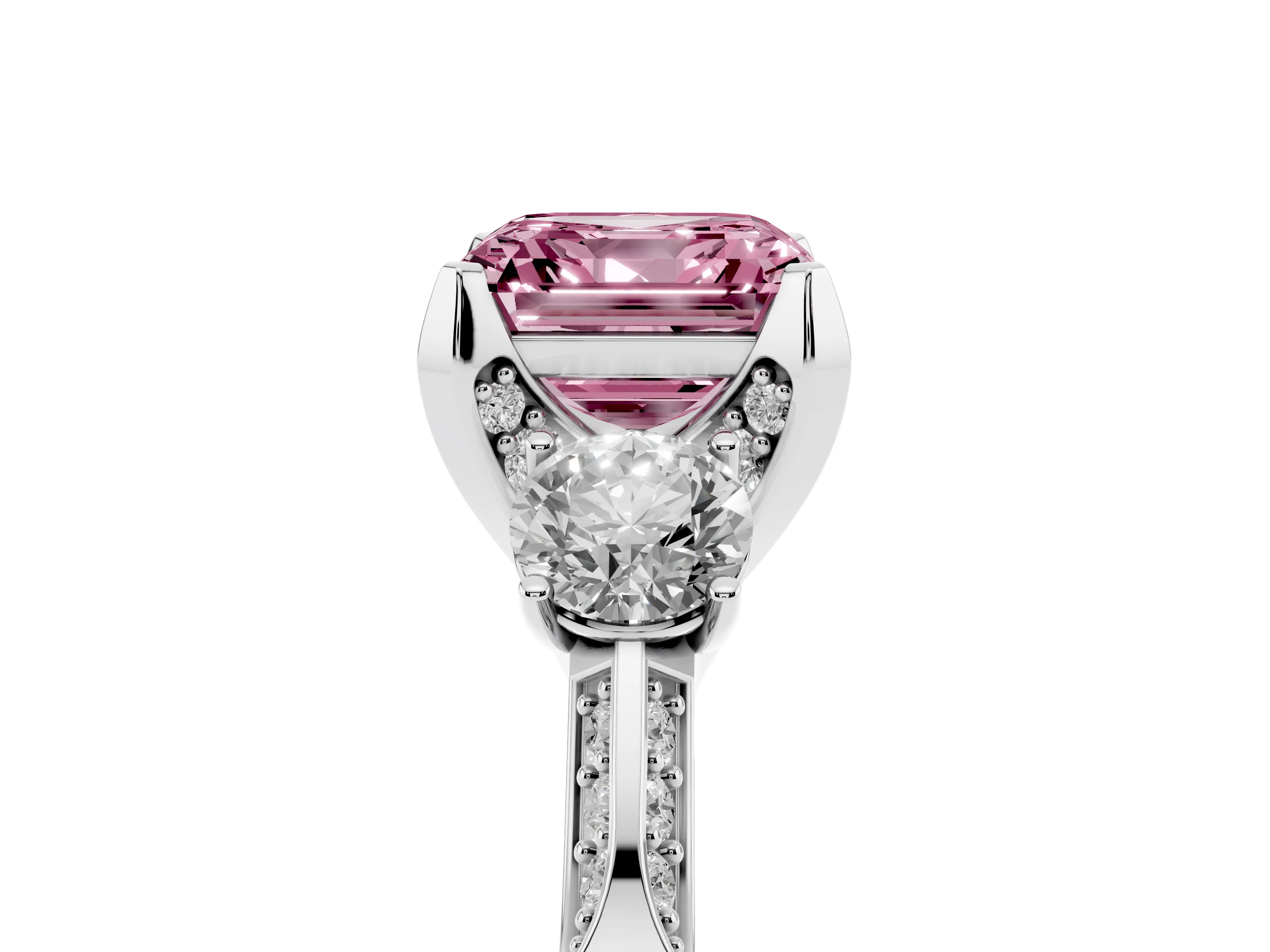Fancy Pink Asscher Cut Diamond Three-Stone Ring Set in White gold with Pavé Band and Smaller Side Stones