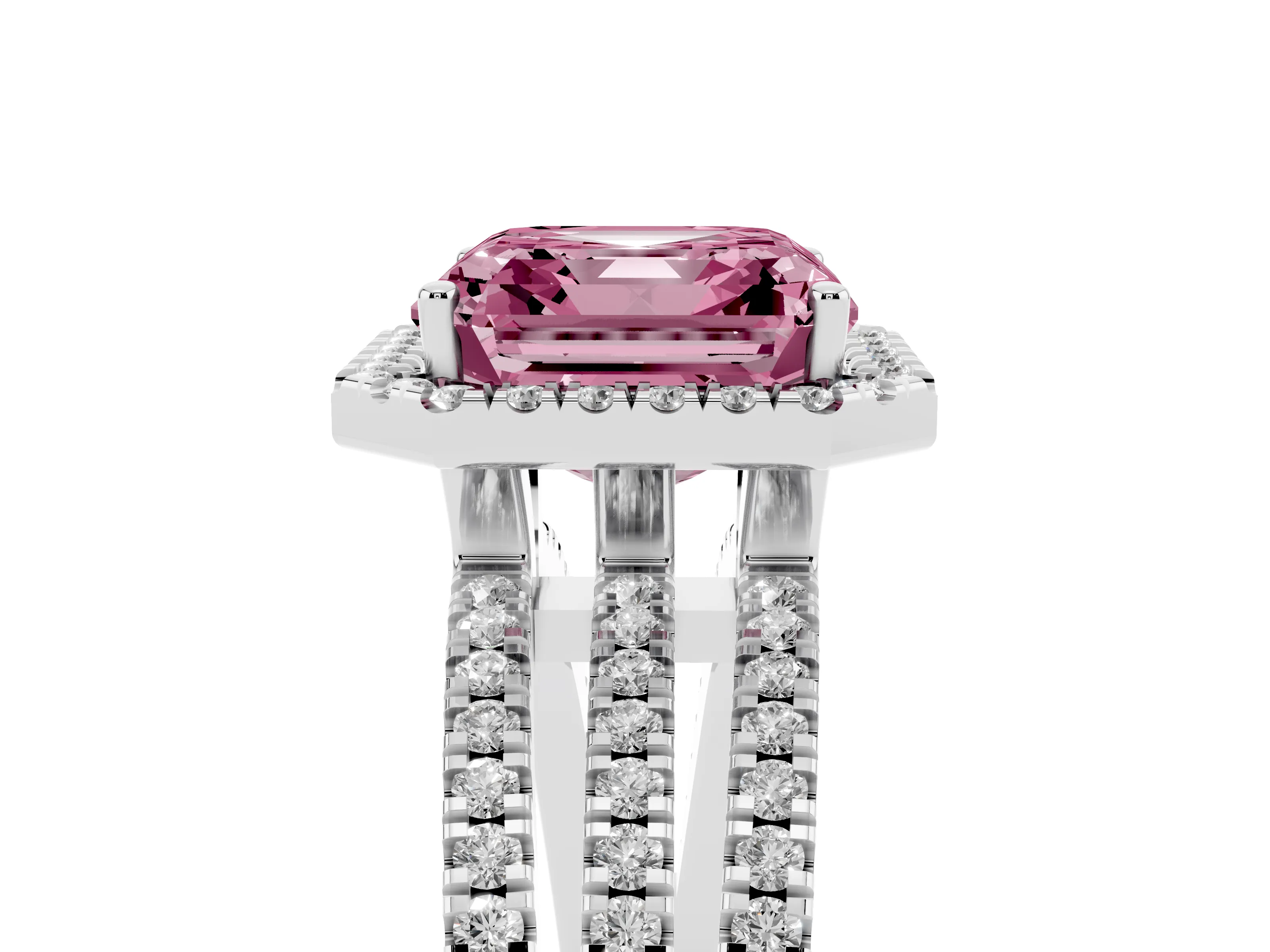 Fancy Pink Asscher Cut Diamond Halo Split Shank Engagement Ring Set in White gold with Prong Setting