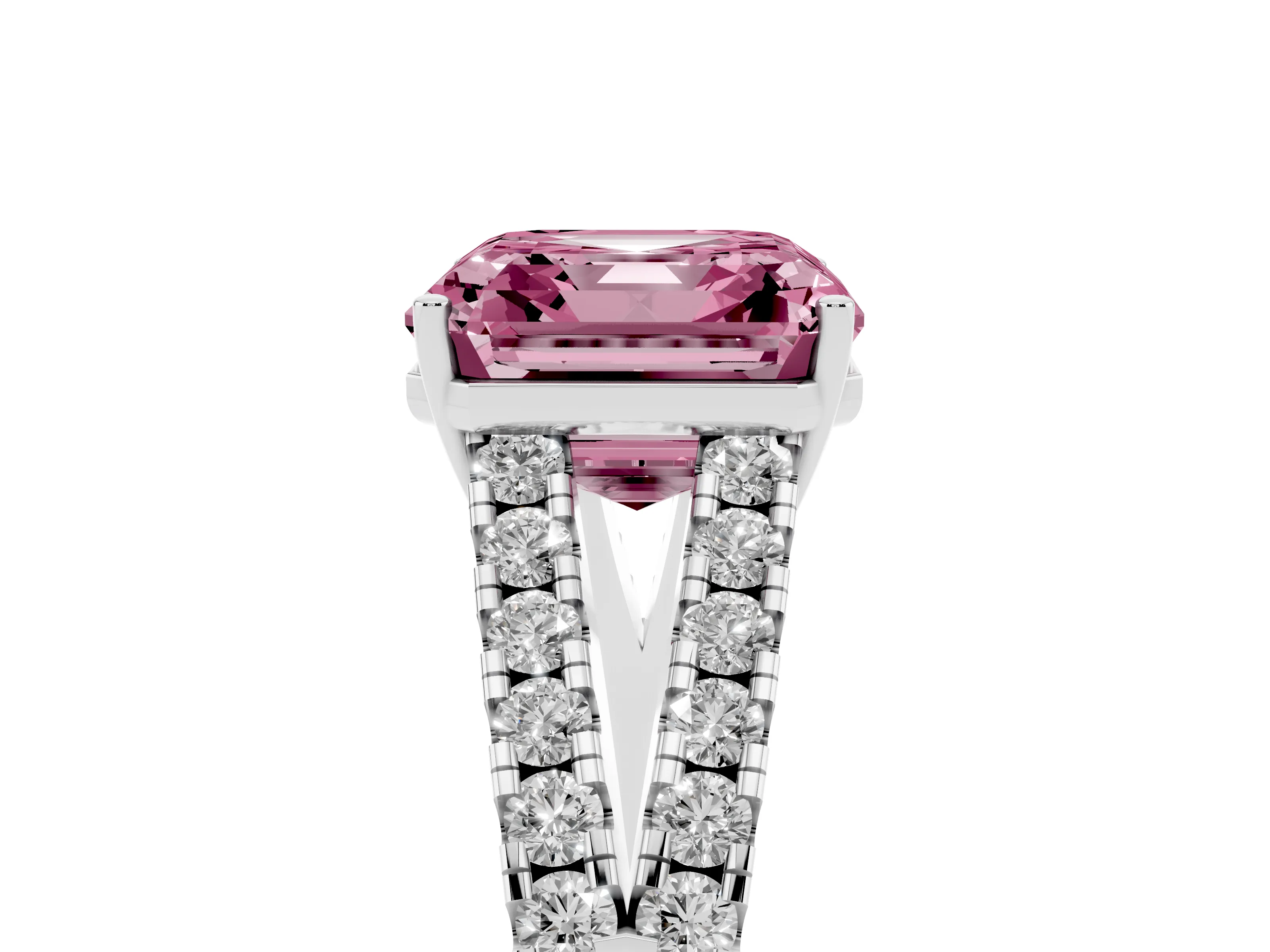 Fancy Pink Asscher Cut Diamond Split Shank Pavé Engagement Ring Set in White gold with Prong-Held Center Stone