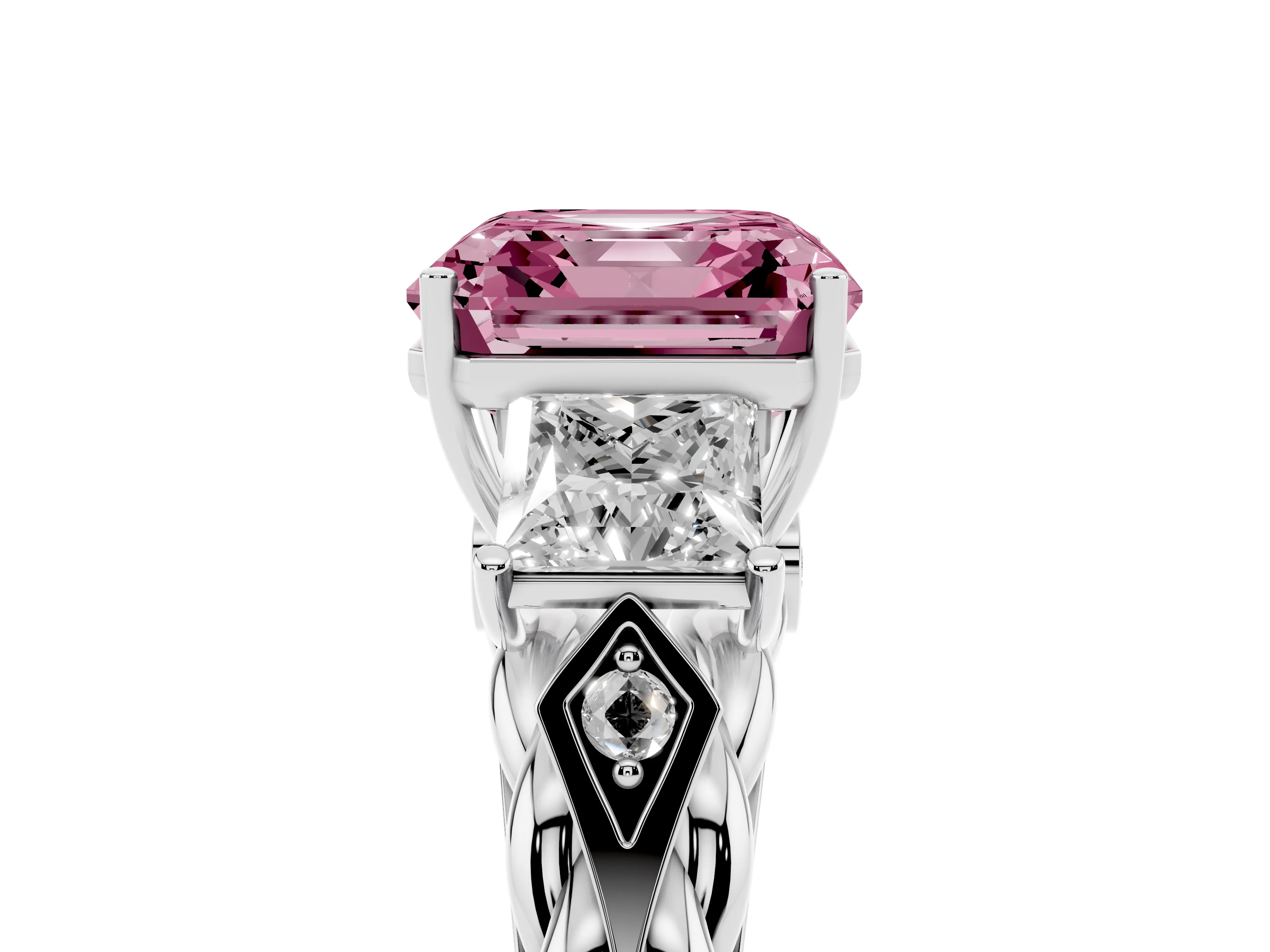 Fancy Pink Asscher Cut Diamond Three-Stone Ring Set in White gold with Braided Band