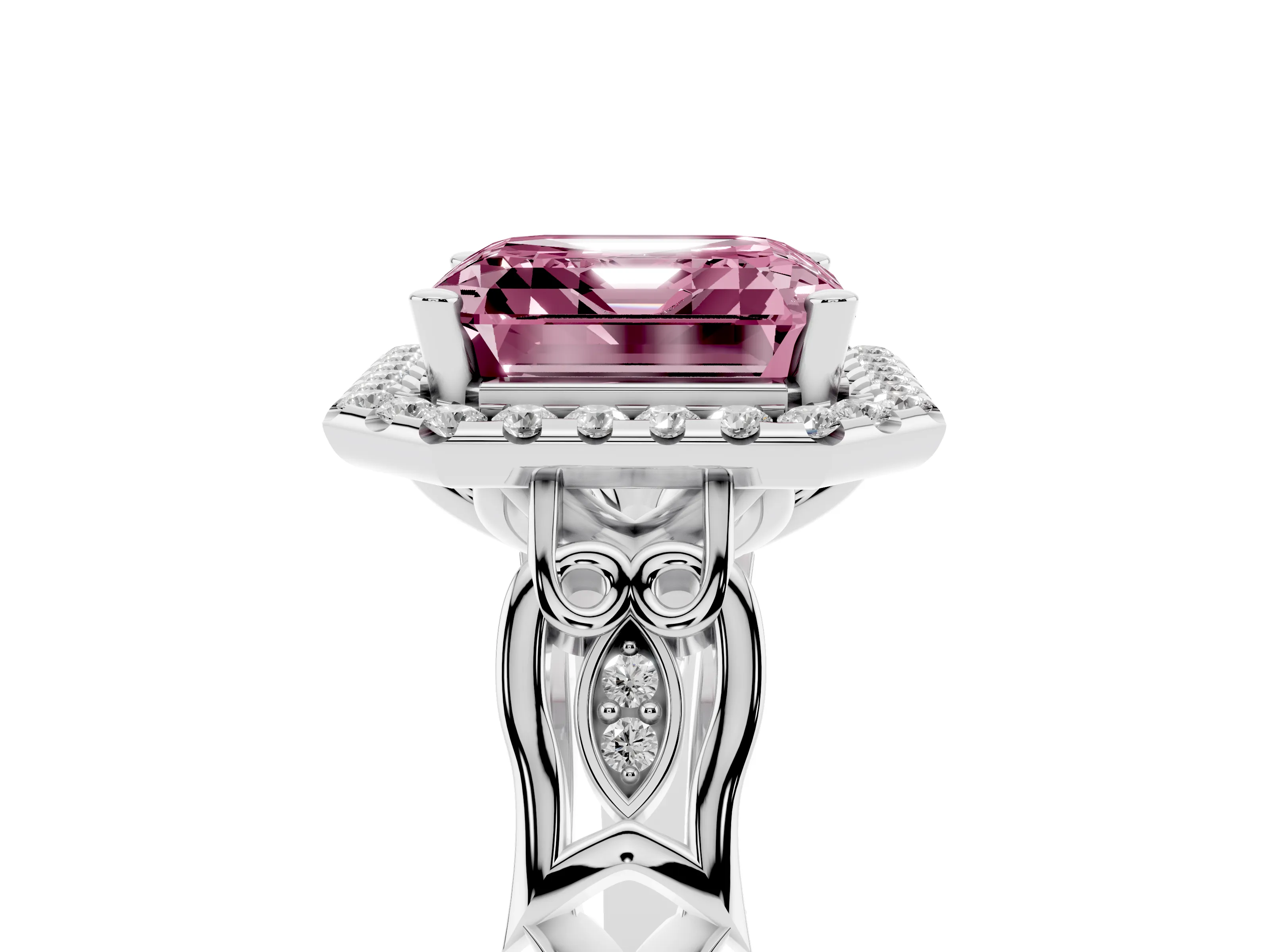Fancy Pink Asscher Cut Diamond Halo Engagement Ring Set in Silver with Filigree Band and Prong-Set Center