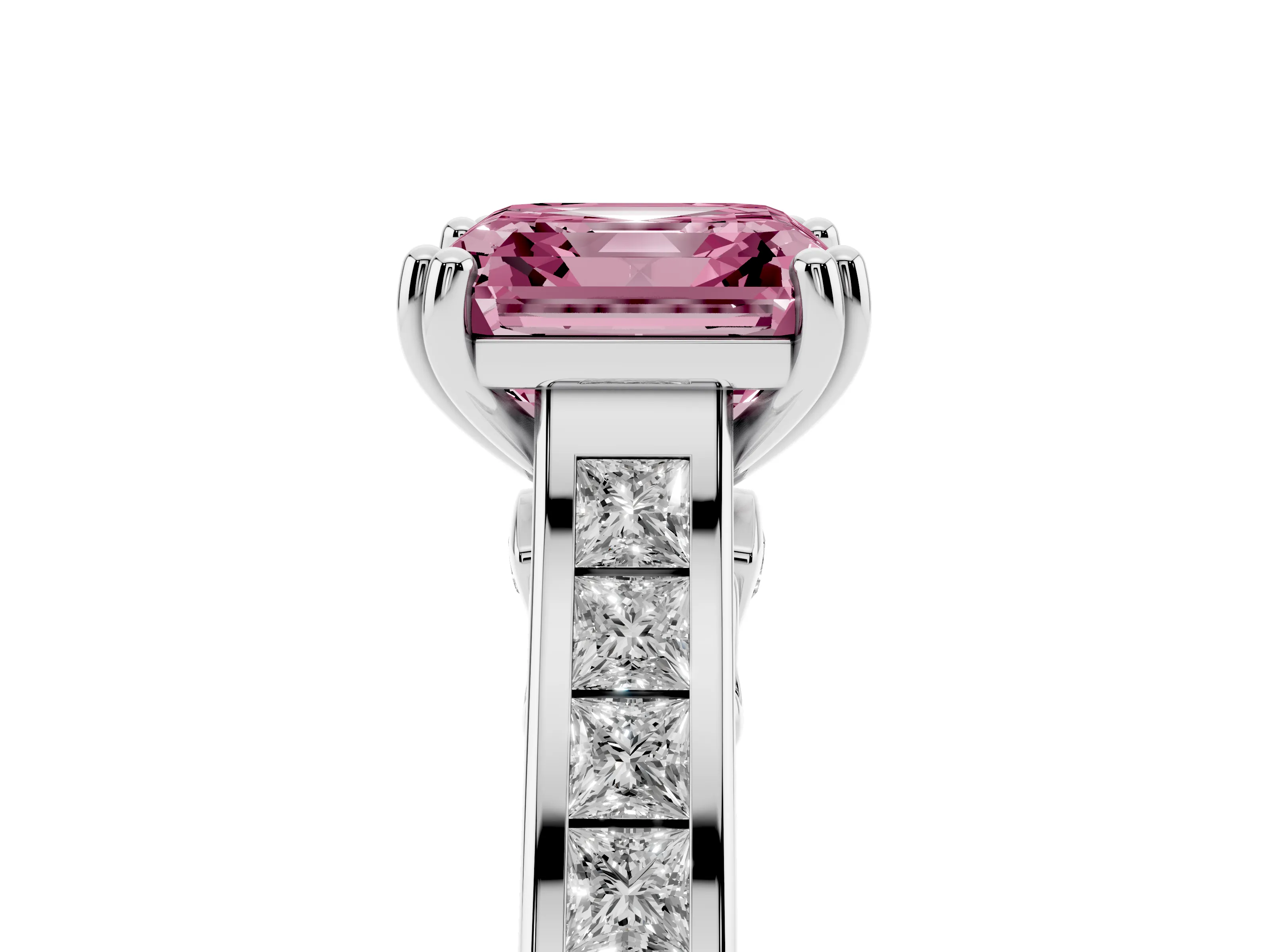 Fancy Pink Asscher Cut Diamond Channel Set Solitaire Engagement Ring Set in Silver with Prong Setting