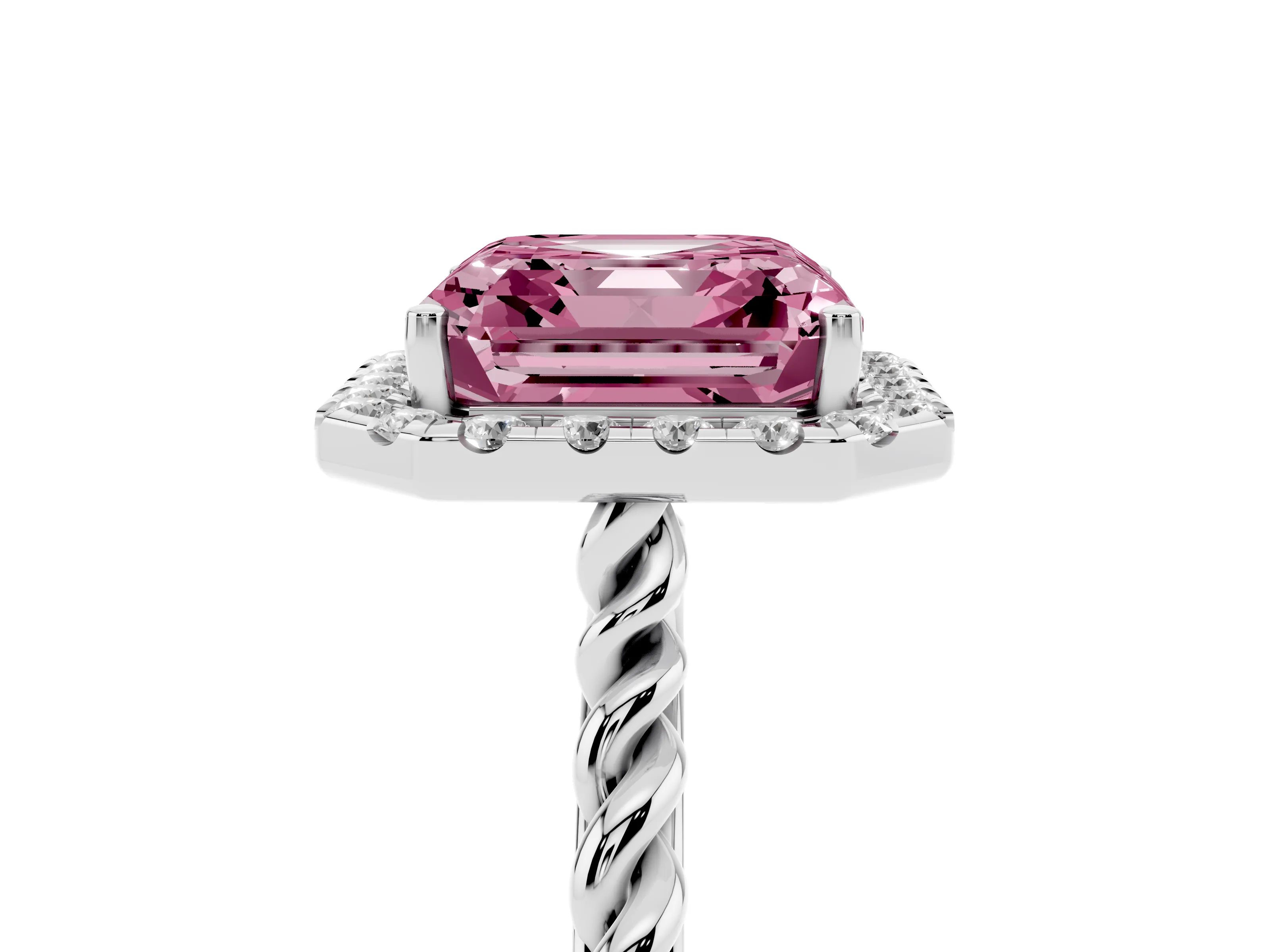 Fancy Pink Asscher Cut Diamond Halo Ring Set in Platinum with Plain Twisted Band