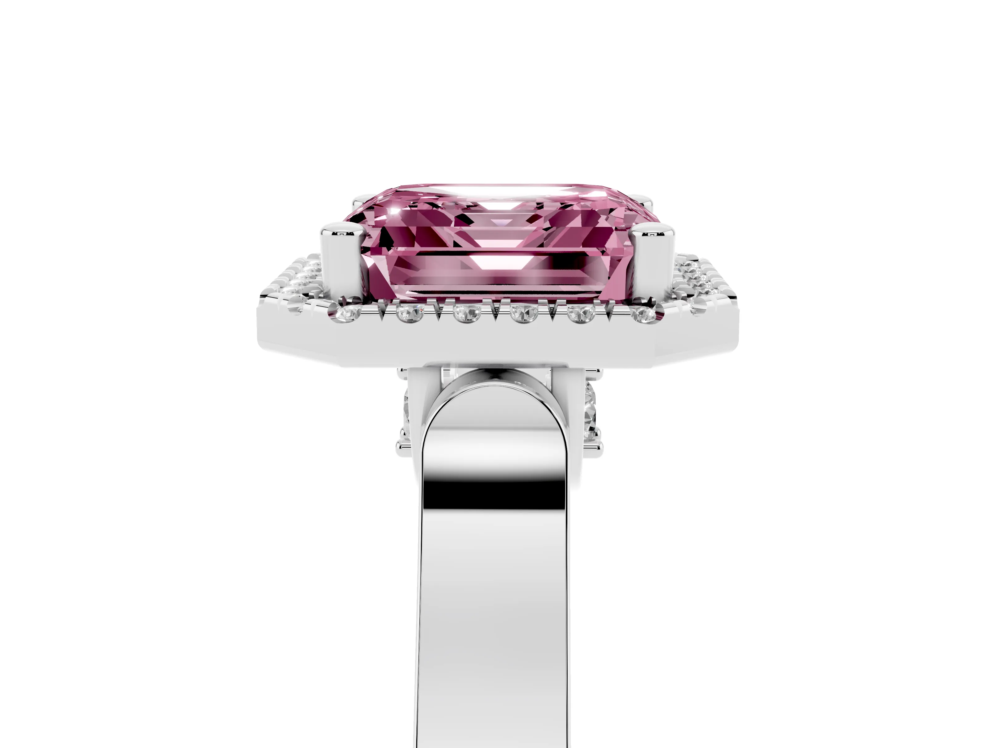 Fancy Pink Asscher Cut Diamond Halo Ring Set in Platinum with Pavé-Lined Split Shank Band